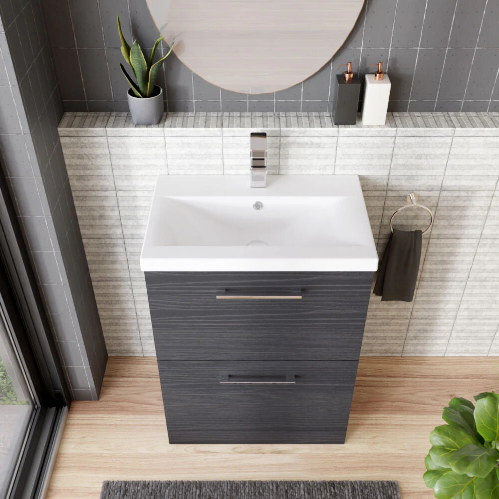 Balterley Contemporary Bathroom Floor Standing 2 Soft-Close Drawer Vanity Unit & Mid-Edge Basin, Charcoal Black, 600 mm - Image 3
