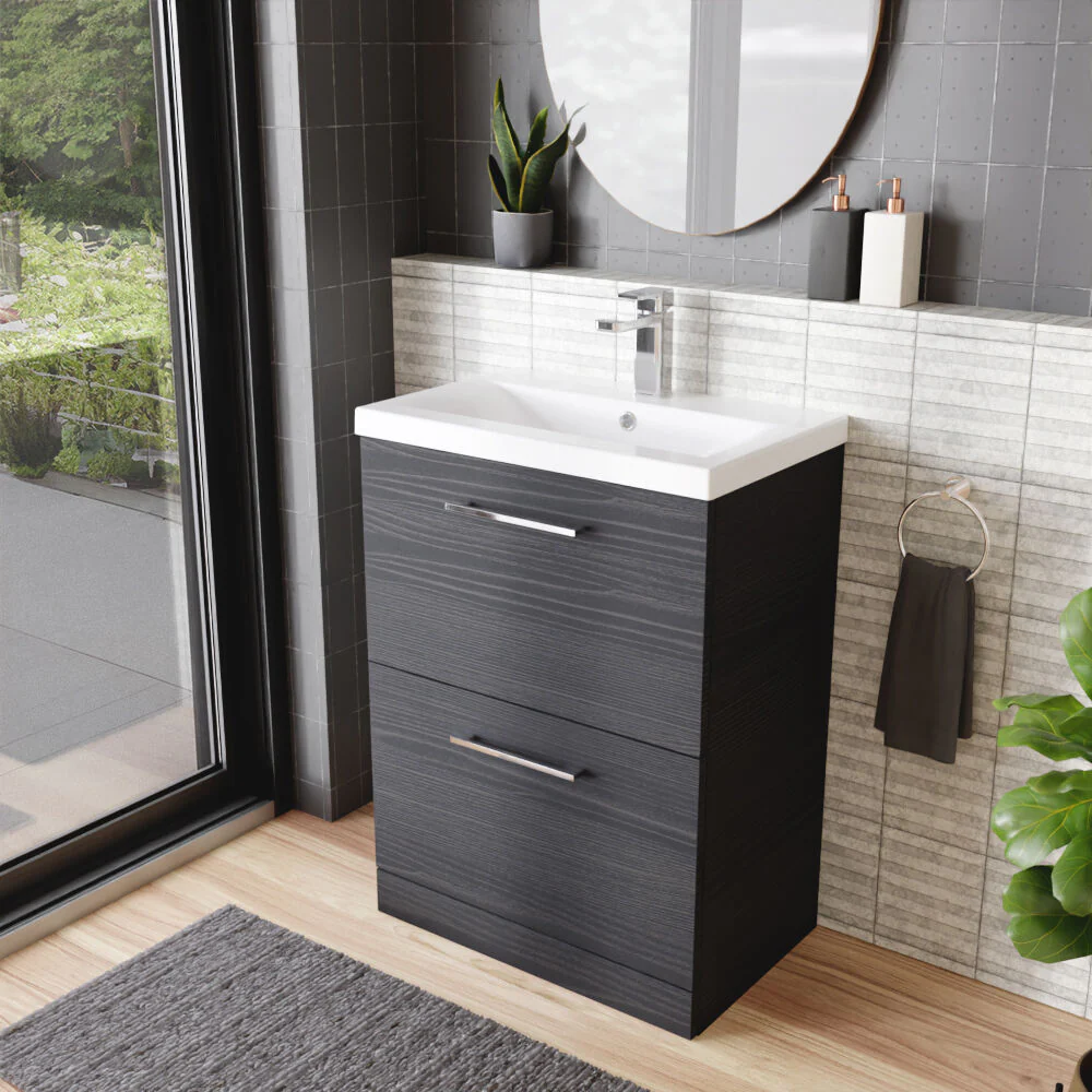 Balterley Contemporary Bathroom Floor Standing 2 Soft-Close Drawer Vanity Unit & Mid-Edge Basin, Charcoal Black, 600 mm - Image 4