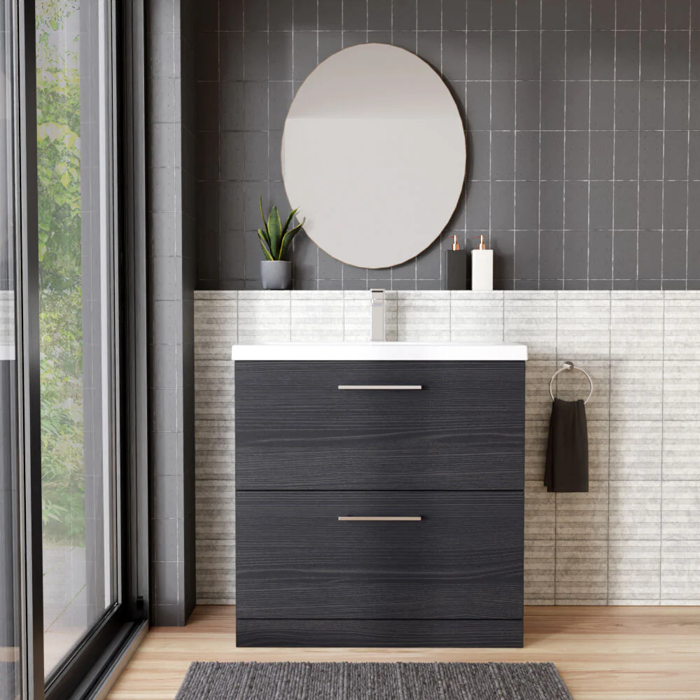 Balterley Contemporary Bathroom Floor Standing 2 Soft-Close Drawer Vanity Unit & Mid-Edge Basin, Charcoal Black, 800 mm - Image 2