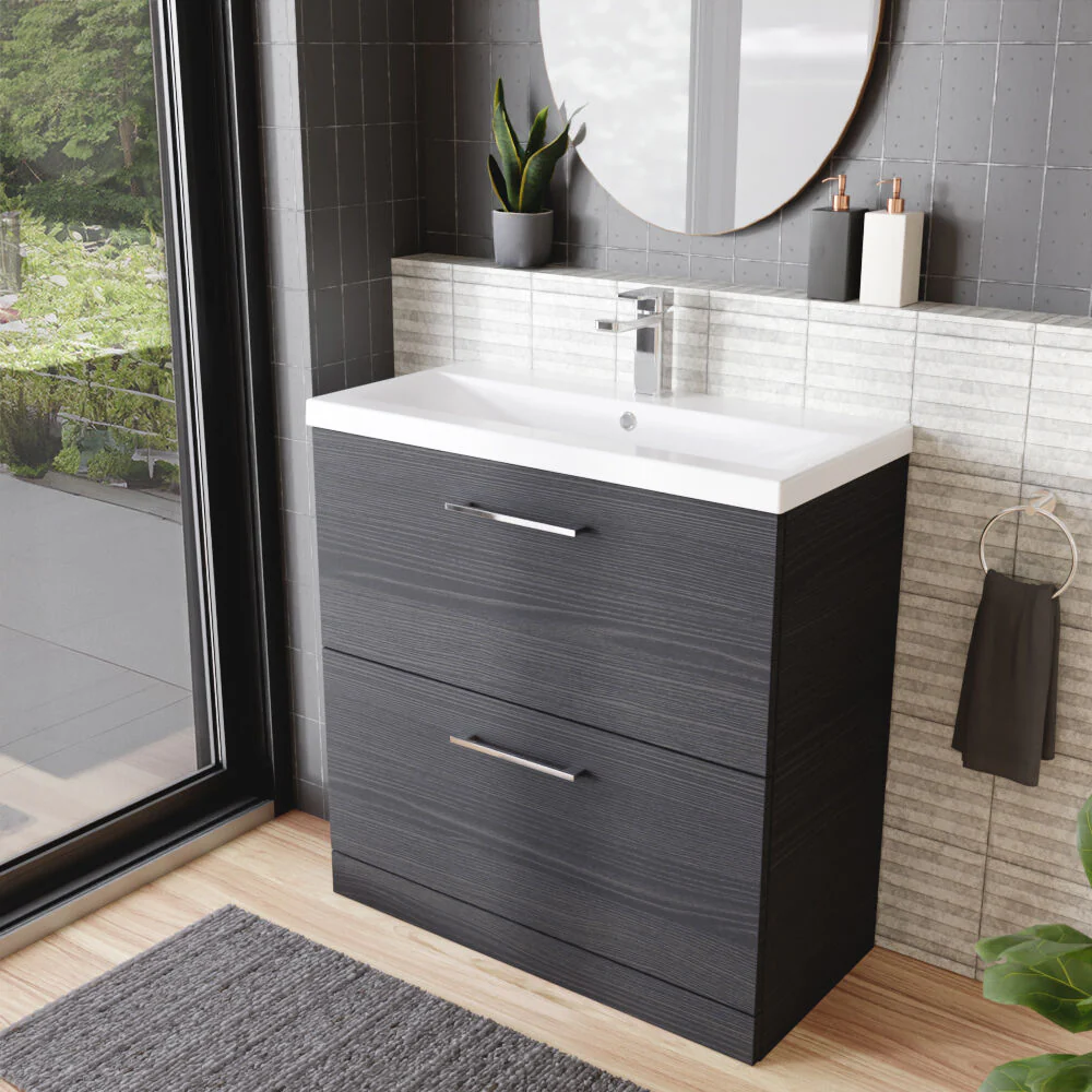 Balterley Contemporary Bathroom Floor Standing 2 Soft-Close Drawer Vanity Unit & Mid-Edge Basin, Charcoal Black, 800 mm - Image 4