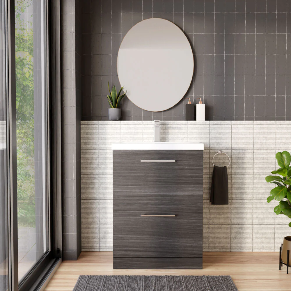 Balterley Contemporary Bathroom Floor Standing 2 Soft-Close Drawer Vanity Unit & Mid-Edge Ceramic Basin, Anthracite, 600 mm - Image 2