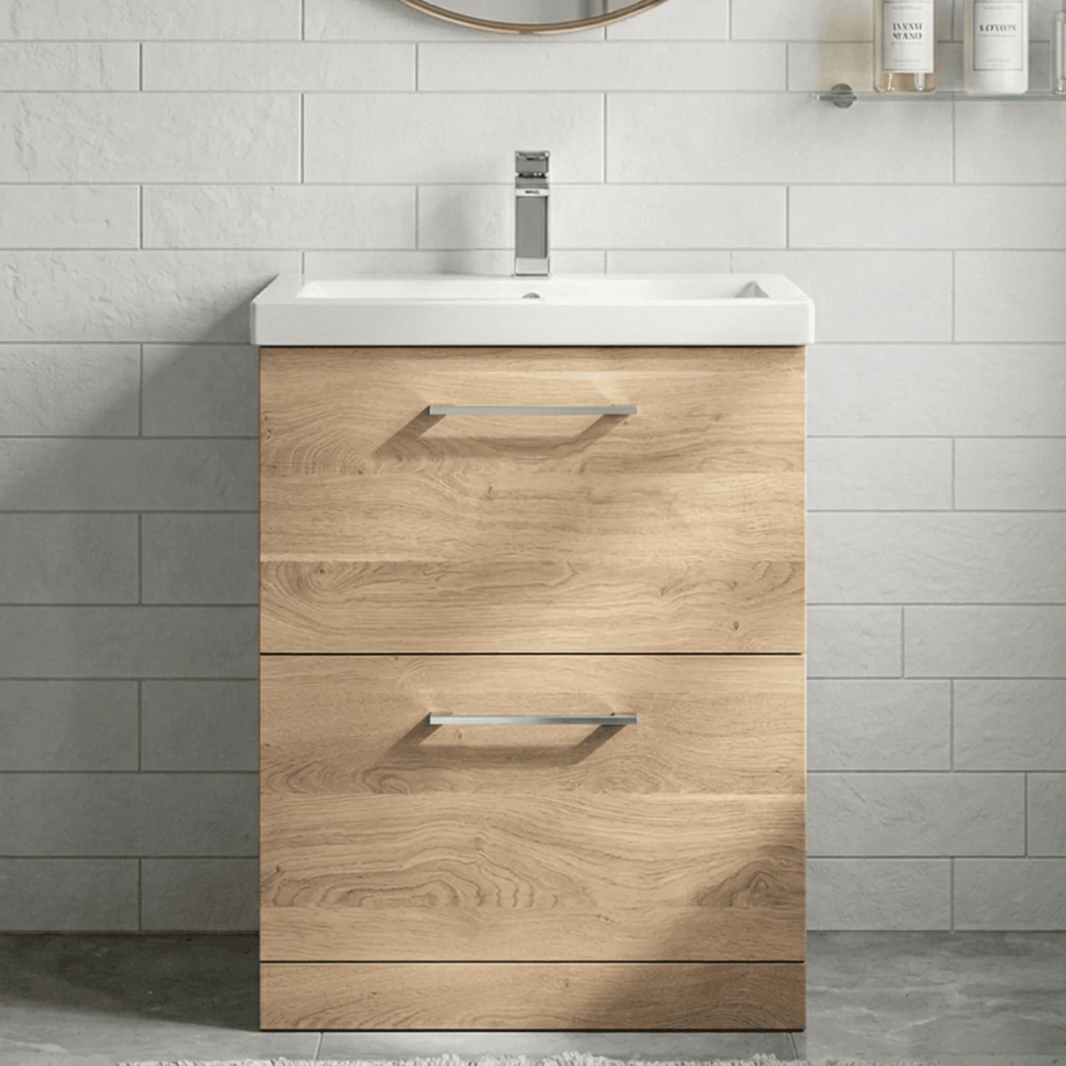 Balterley Contemporary Bathroom Floor Standing 2 Soft-Close Drawer Vanity Unit & Mid-Edge Ceramic Basin, Bleached Oak, 600 mm