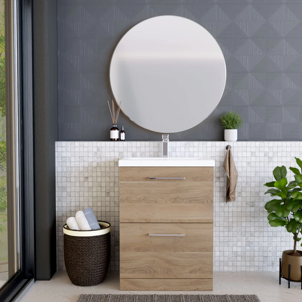 Balterley Contemporary Bathroom Floor Standing 2 Soft-Close Drawer Vanity Unit & Mid-Edge Ceramic Basin, Bleached Oak, 600 mm - Image 2