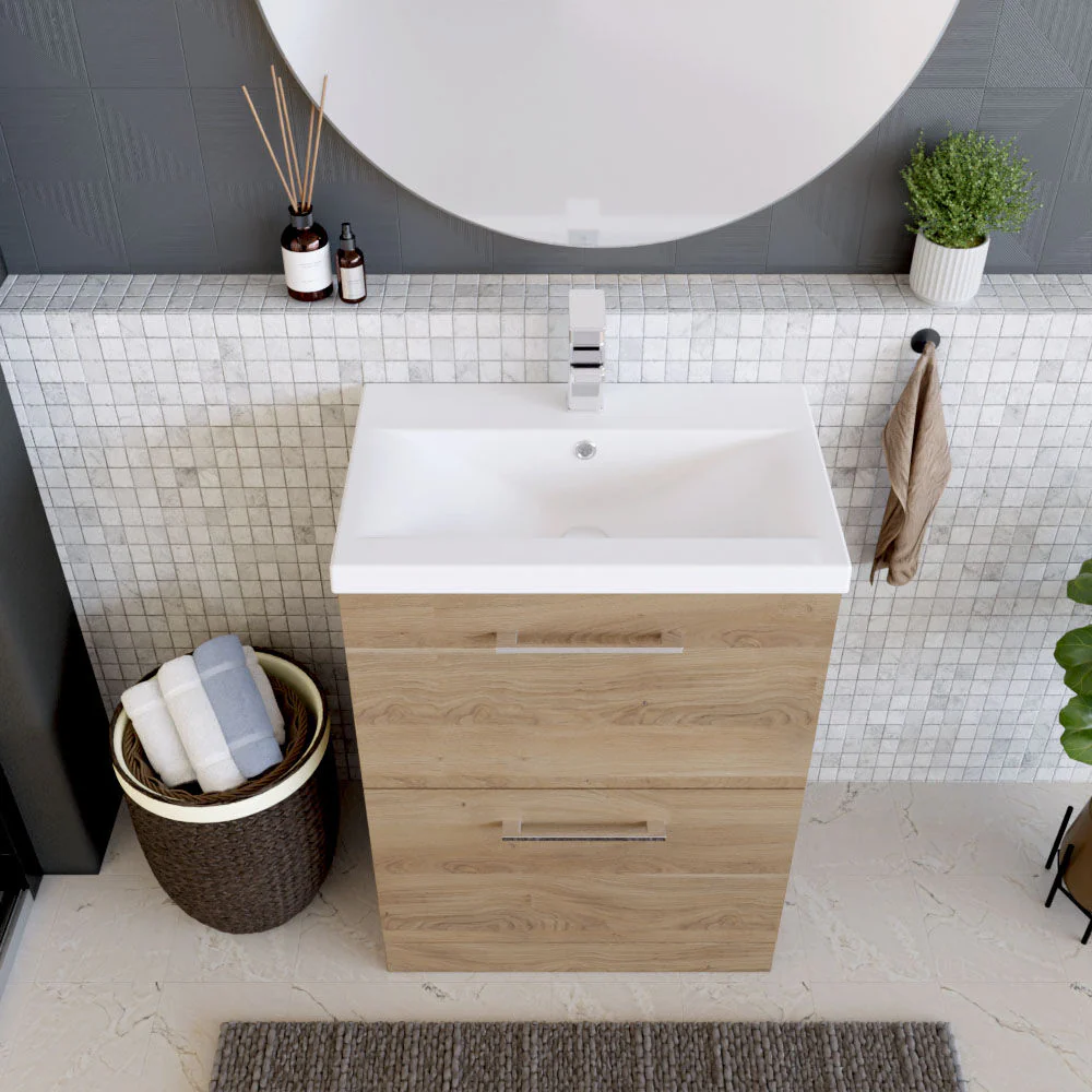 Balterley Contemporary Bathroom Floor Standing 2 Soft-Close Drawer Vanity Unit & Mid-Edge Ceramic Basin, Bleached Oak, 600 mm - Image 3