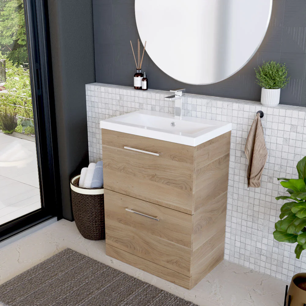Balterley Contemporary Bathroom Floor Standing 2 Soft-Close Drawer Vanity Unit & Mid-Edge Ceramic Basin, Bleached Oak, 600 mm - Image 4