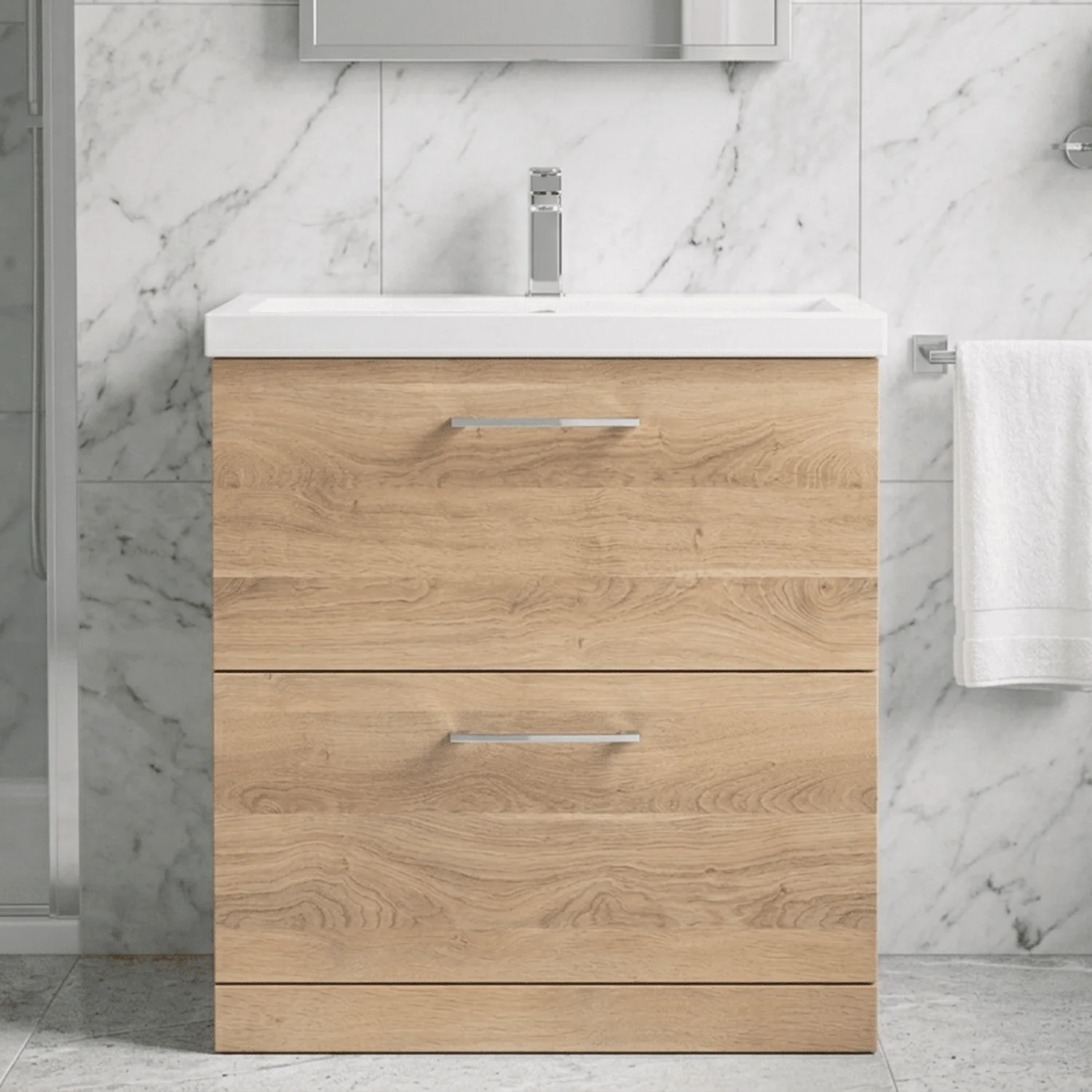 Balterley Contemporary Bathroom Floor Standing 2 Soft-Close Drawer Vanity Unit & Mid-Edge Ceramic Basin, Bleached Oak, 800 mm