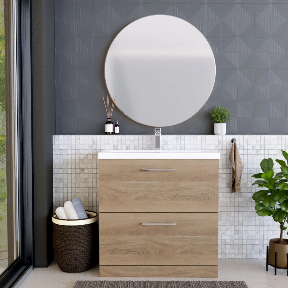 Balterley Contemporary Bathroom Floor Standing 2 Soft-Close Drawer Vanity Unit & Mid-Edge Ceramic Basin, Bleached Oak, 800 mm - Image 2