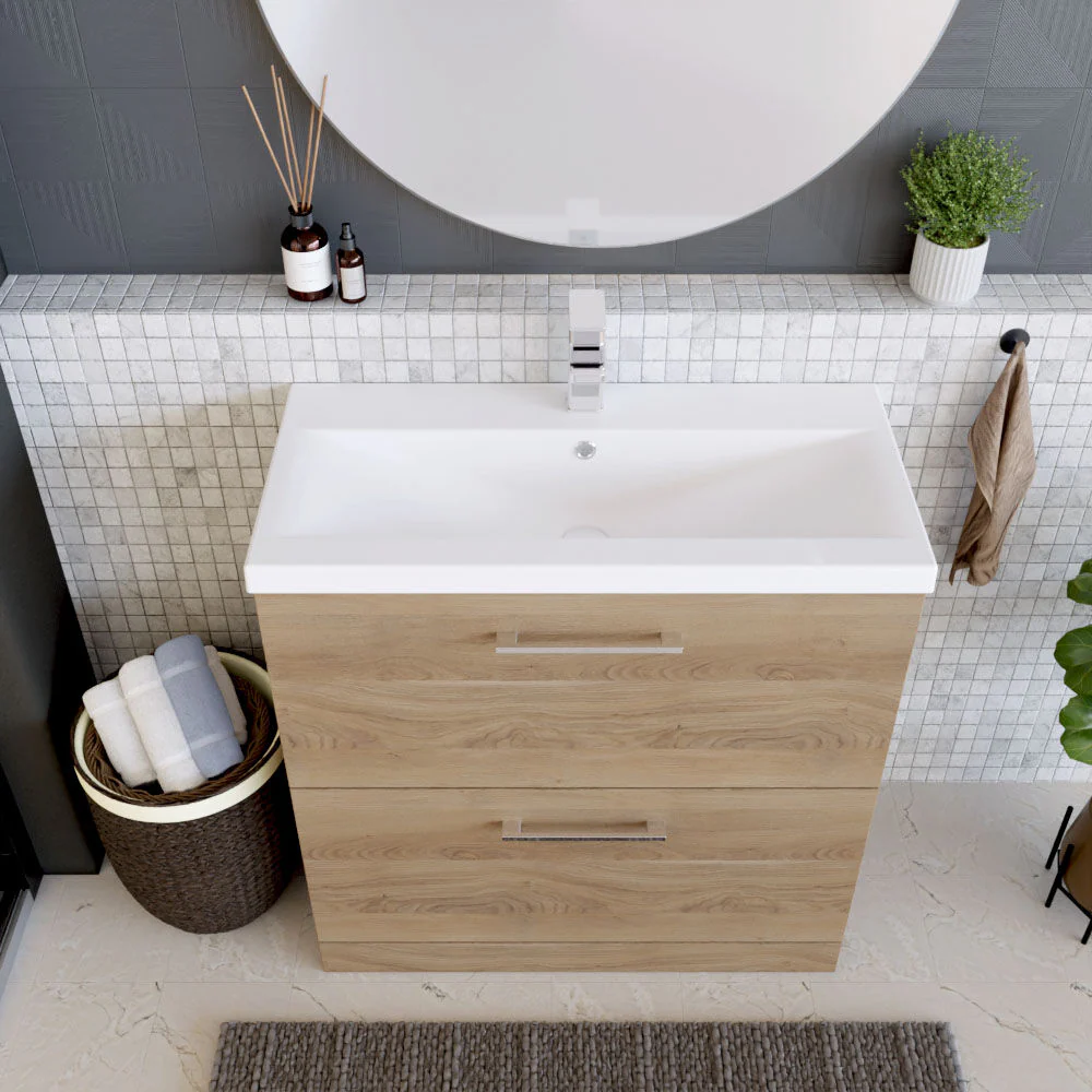 Balterley Contemporary Bathroom Floor Standing 2 Soft-Close Drawer Vanity Unit & Mid-Edge Ceramic Basin, Bleached Oak, 800 mm - Image 3