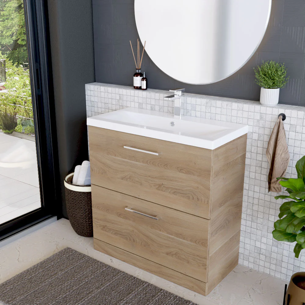 Balterley Contemporary Bathroom Floor Standing 2 Soft-Close Drawer Vanity Unit & Mid-Edge Ceramic Basin, Bleached Oak, 800 mm - Image 4