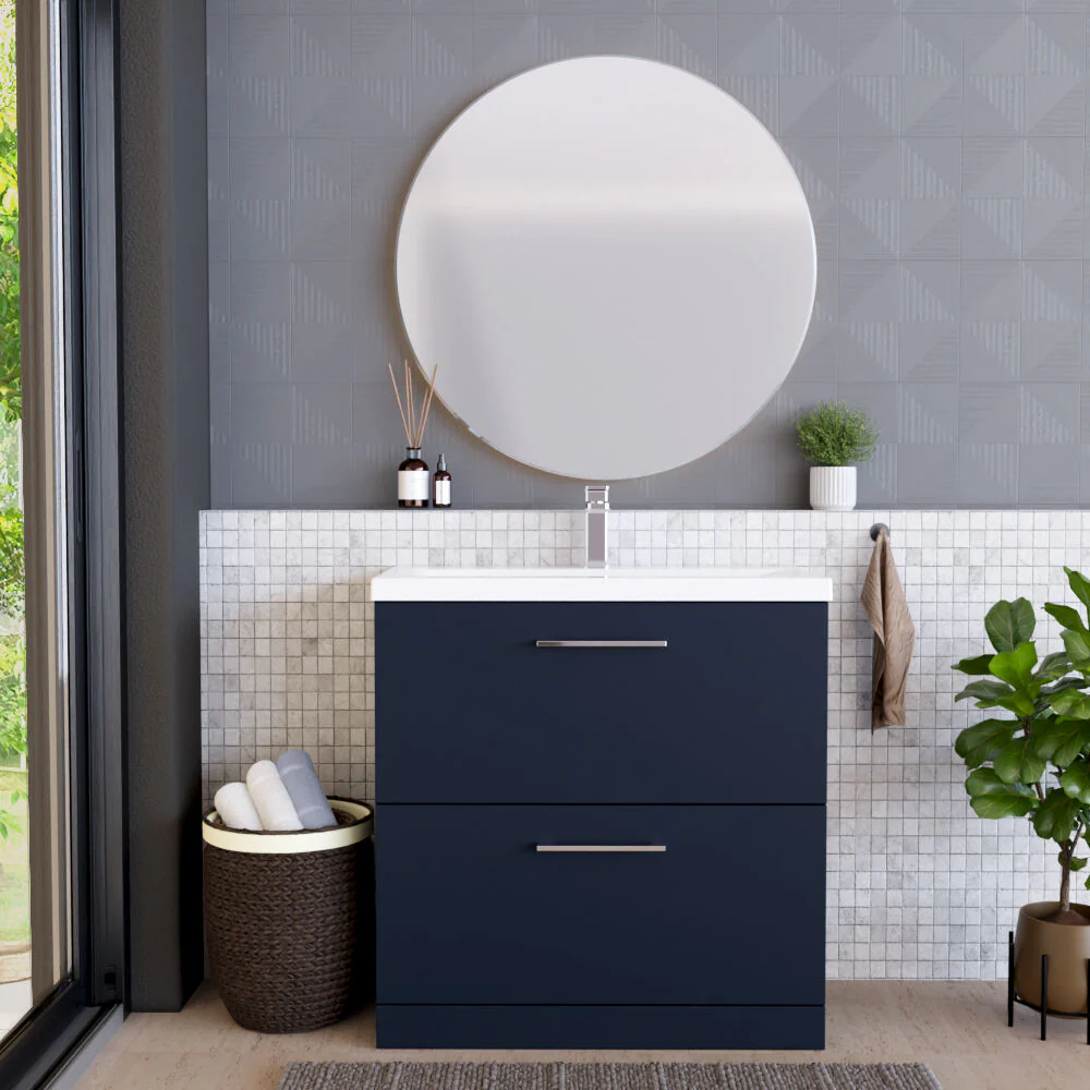 Balterley Contemporary Bathroom Floor Standing 2 Soft-Close Drawer Vanity Unit & Mid-Edge Ceramic Basin, Midnight Blue, 800 mm - Image 2