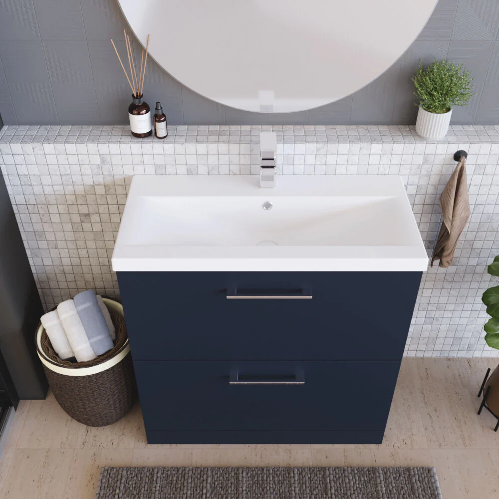 Balterley Contemporary Bathroom Floor Standing 2 Soft-Close Drawer Vanity Unit & Mid-Edge Ceramic Basin, Midnight Blue, 800 mm - Image 3