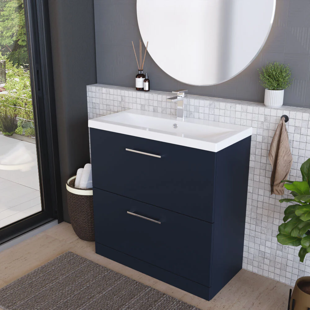 Balterley Contemporary Bathroom Floor Standing 2 Soft-Close Drawer Vanity Unit & Mid-Edge Ceramic Basin, Midnight Blue, 800 mm - Image 4