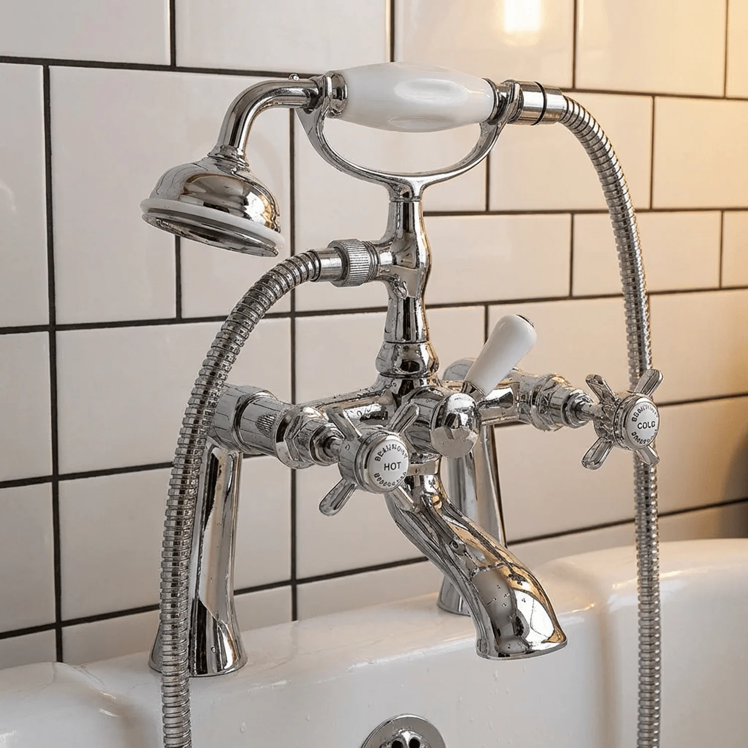 Balterley Hanchurch Traditional Bath Shower Mixer Tap with Shower Kit - Chrome or Brushed Brass