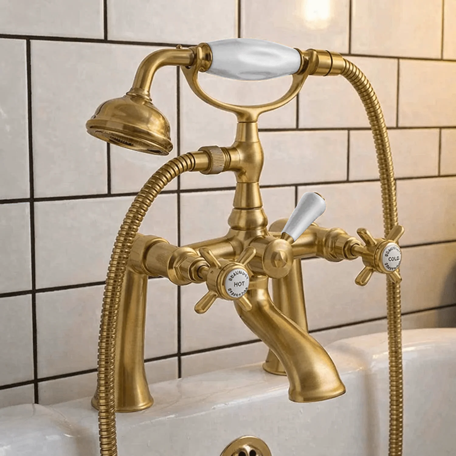Balterley Hanchurch Traditional Bath Shower Mixer Tap with Shower Kit - Chrome or Brushed Brass - Image 2