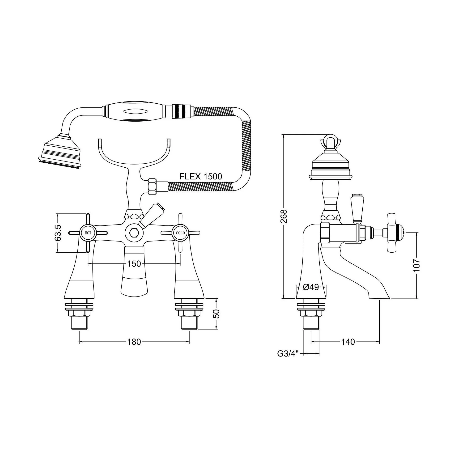 Balterley Hanchurch Traditional Bath Shower Mixer Tap with Shower Kit - Chrome or Brushed Brass - Image 6