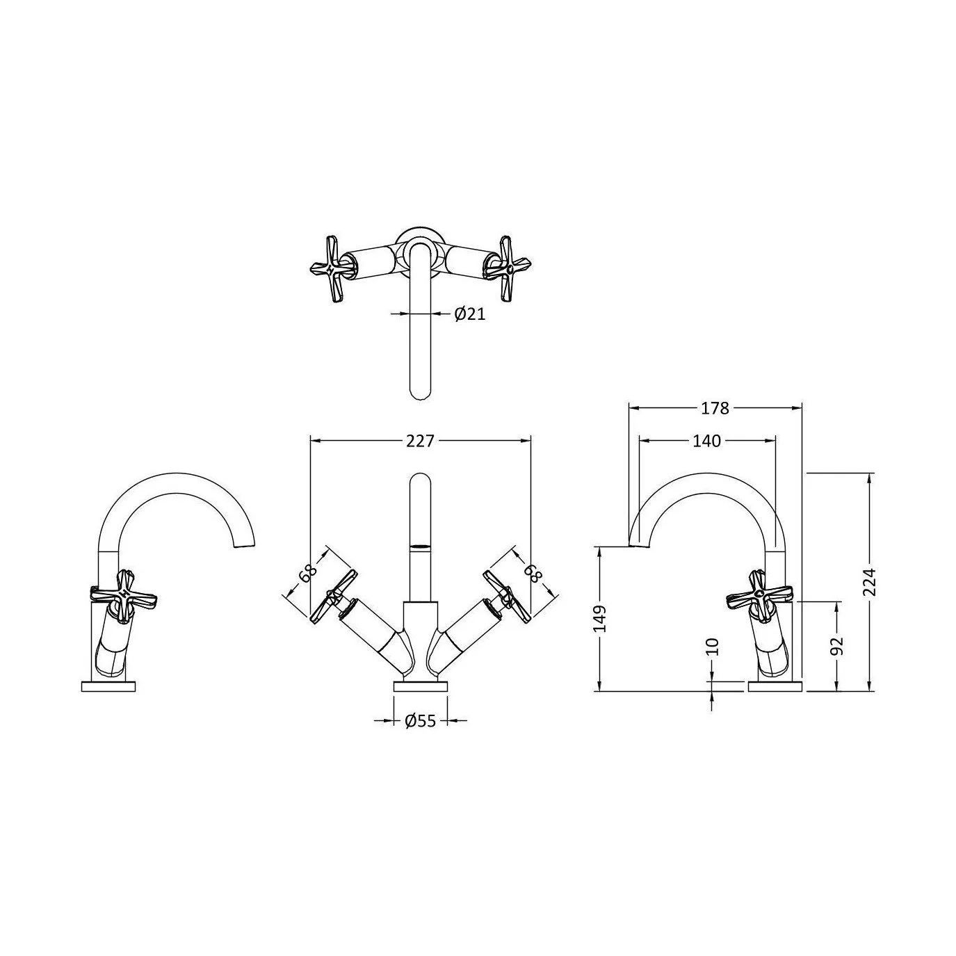 Levedale Mono Basin Mixer Tap with Crosshead Handles and Waste - Choice of Finish - Image 13