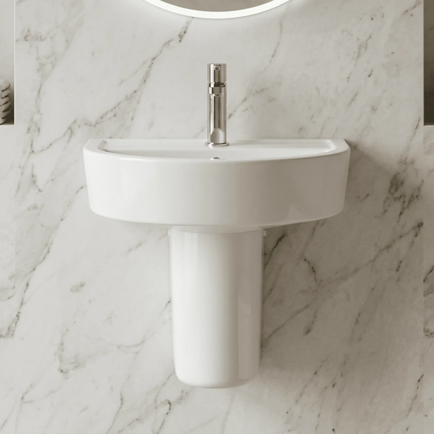 Hopwas Round D Shape Ceramic Basin and Semi Pedestal - 420 or 520mm Basin
