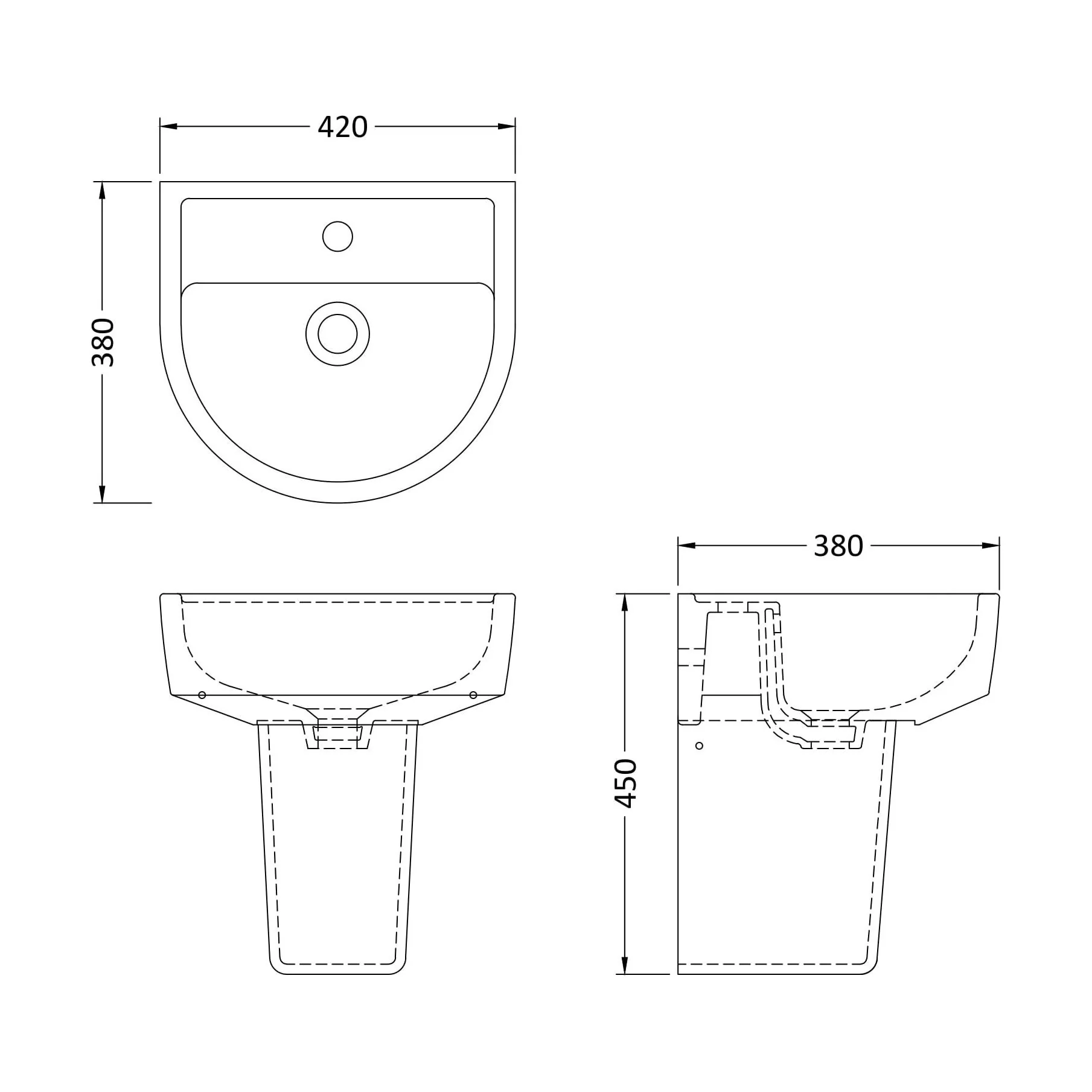 Hopwas Round D Shape Ceramic Basin and Semi Pedestal - 420 or 520mm Basin - Image 10