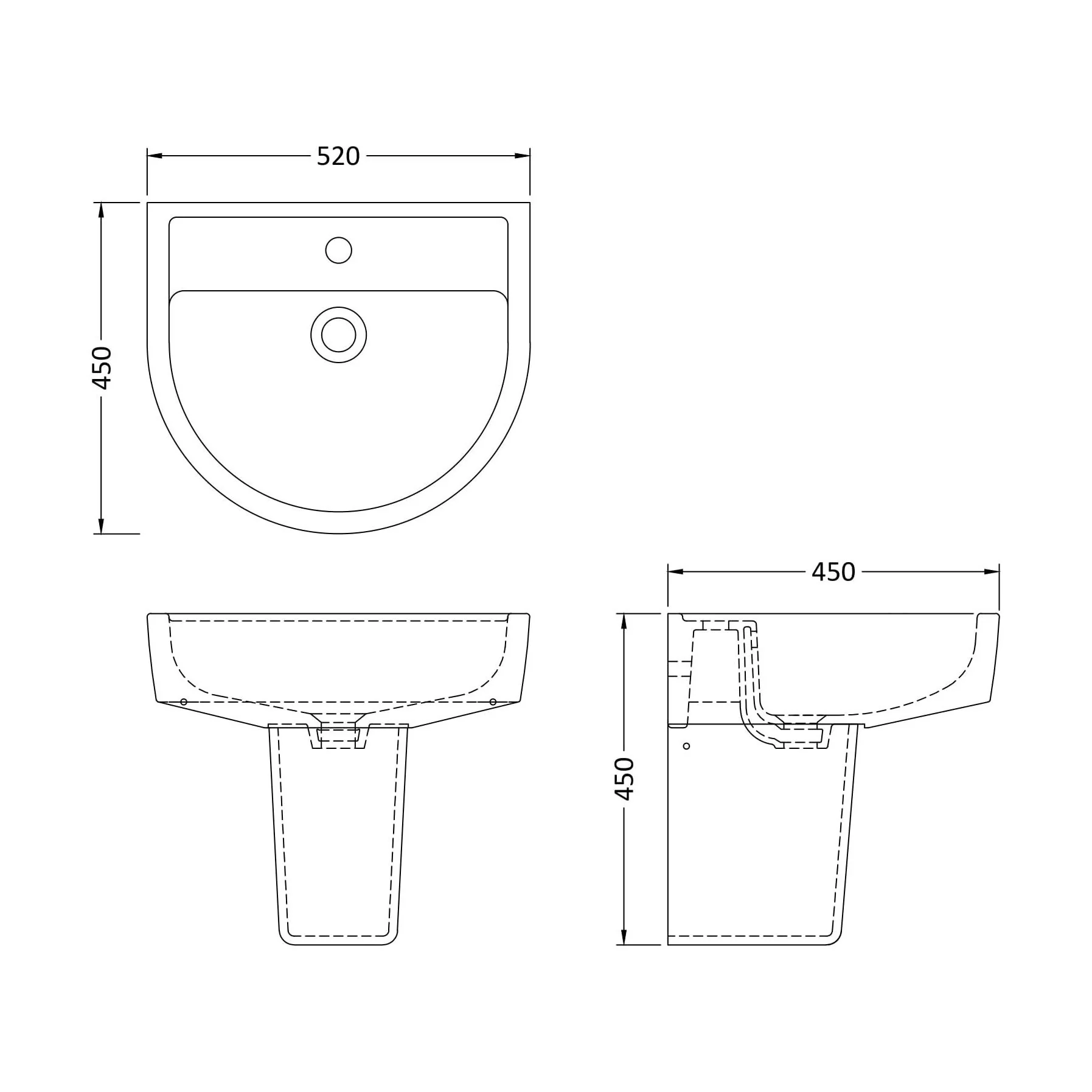 Hopwas Round D Shape Ceramic Basin and Semi Pedestal - 420 or 520mm Basin - Image 11