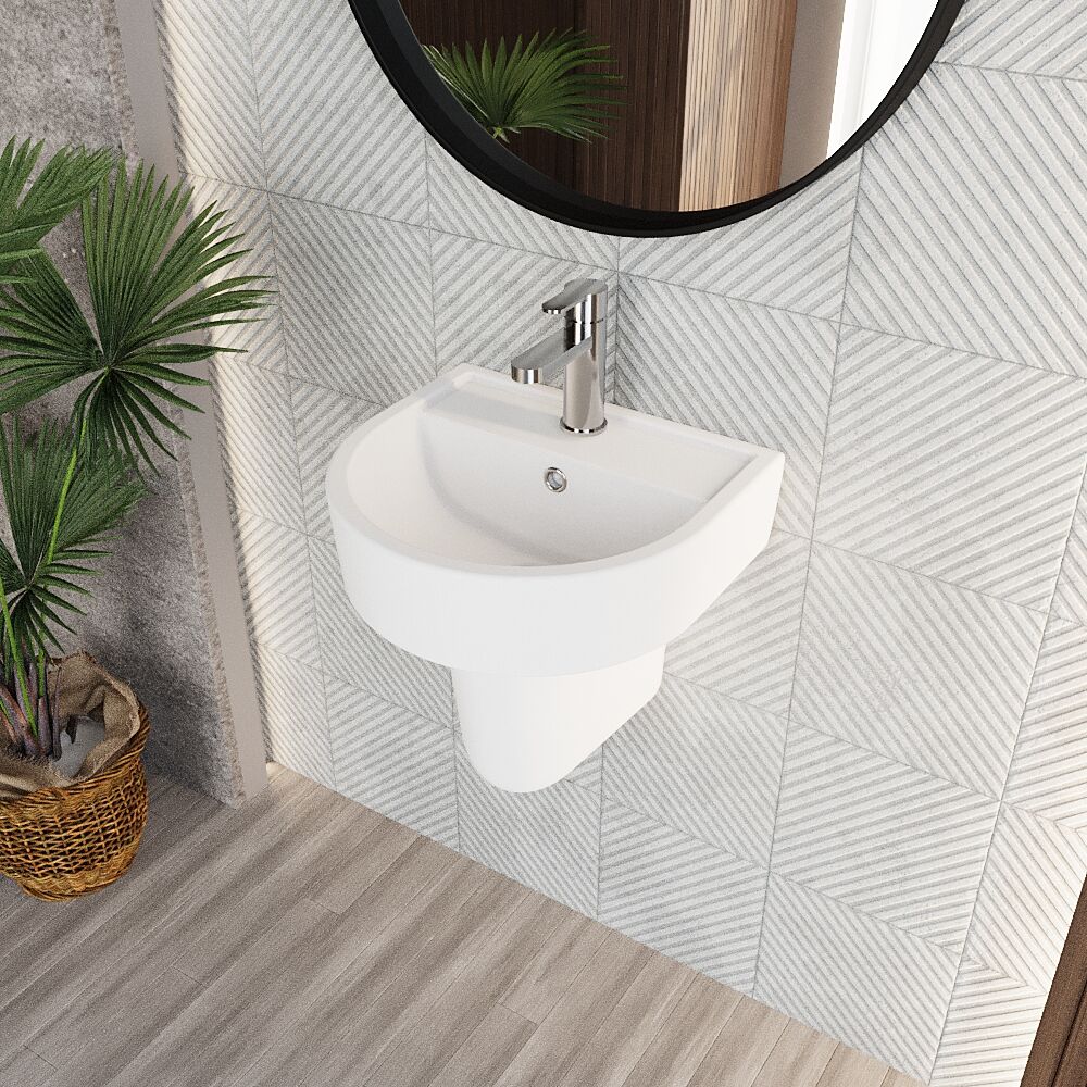 Hopwas Round D Shape Ceramic Basin and Semi Pedestal - 420 or 520mm Basin - Image 4