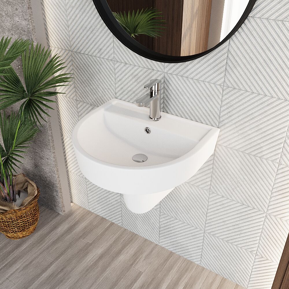 Hopwas Round D Shape Ceramic Basin and Semi Pedestal - 420 or 520mm Basin - Image 5