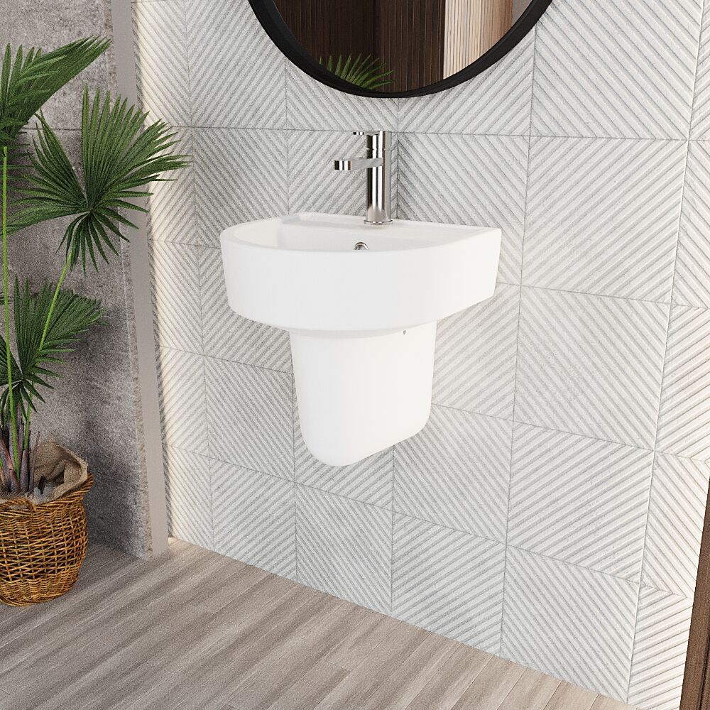 Hopwas Round D Shape Ceramic Basin and Semi Pedestal - 420 or 520mm Basin - Image 6