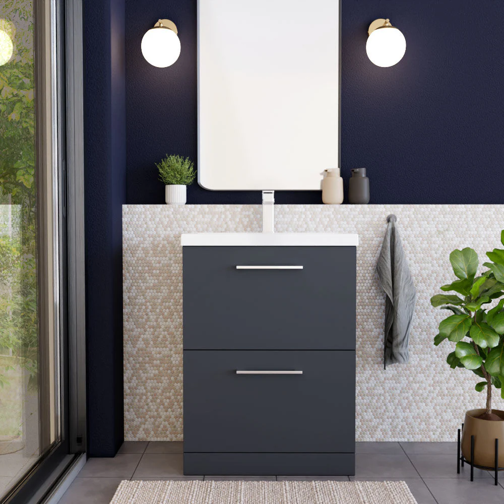 Balterley Modern Bathroom 2 Drawer Floor Standing Vanity Unit & Rectangular Mid-Edge Basin, Dark Grey, 600 mm - Image 2