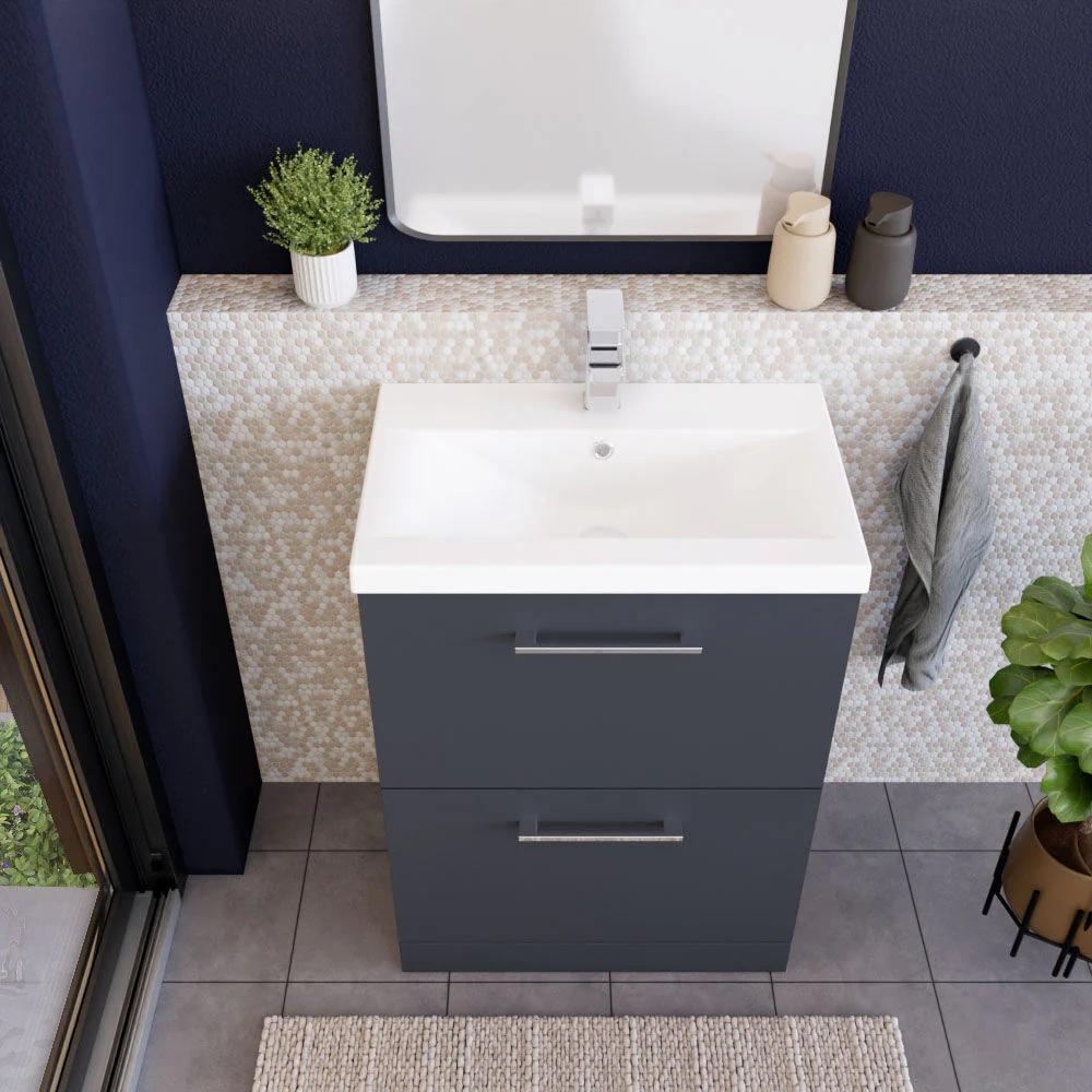 Balterley Modern Bathroom 2 Drawer Floor Standing Vanity Unit & Rectangular Mid-Edge Basin, Dark Grey, 600 mm - Image 3