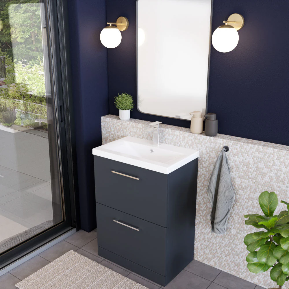 Balterley Modern Bathroom 2 Drawer Floor Standing Vanity Unit & Rectangular Mid-Edge Basin, Dark Grey, 600 mm - Image 4