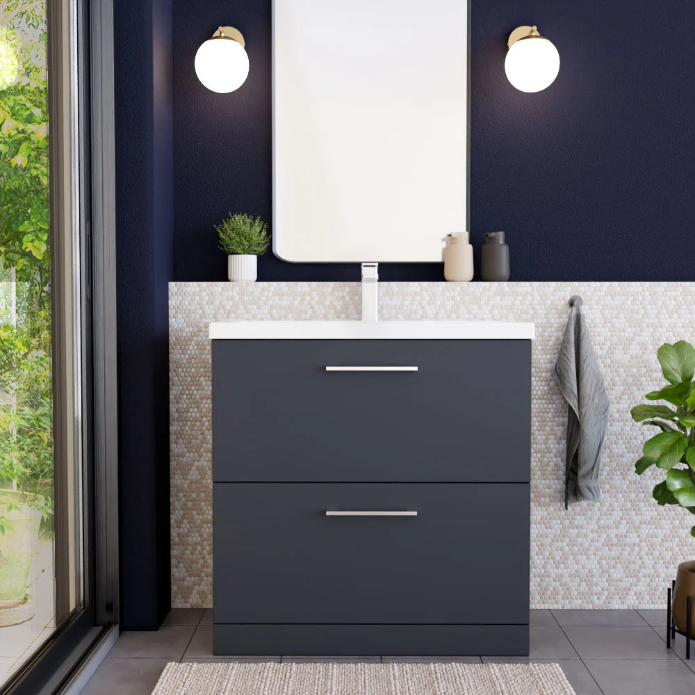 Balterley Modern Bathroom 2 Drawer Floor Standing Vanity Unit & Rectangular Mid-Edge Basin, Dark Grey, 800 mm - Image 2