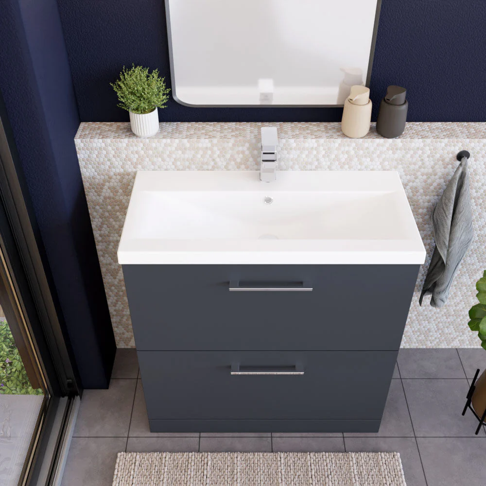 Balterley Modern Bathroom 2 Drawer Floor Standing Vanity Unit & Rectangular Mid-Edge Basin, Dark Grey, 800 mm - Image 3