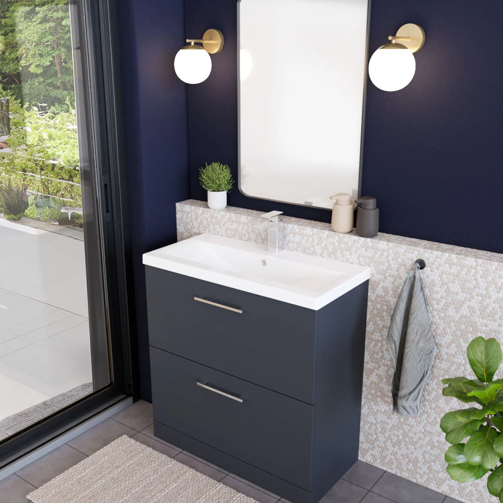 Balterley Modern Bathroom 2 Drawer Floor Standing Vanity Unit & Rectangular Mid-Edge Basin, Dark Grey, 800 mm - Image 4