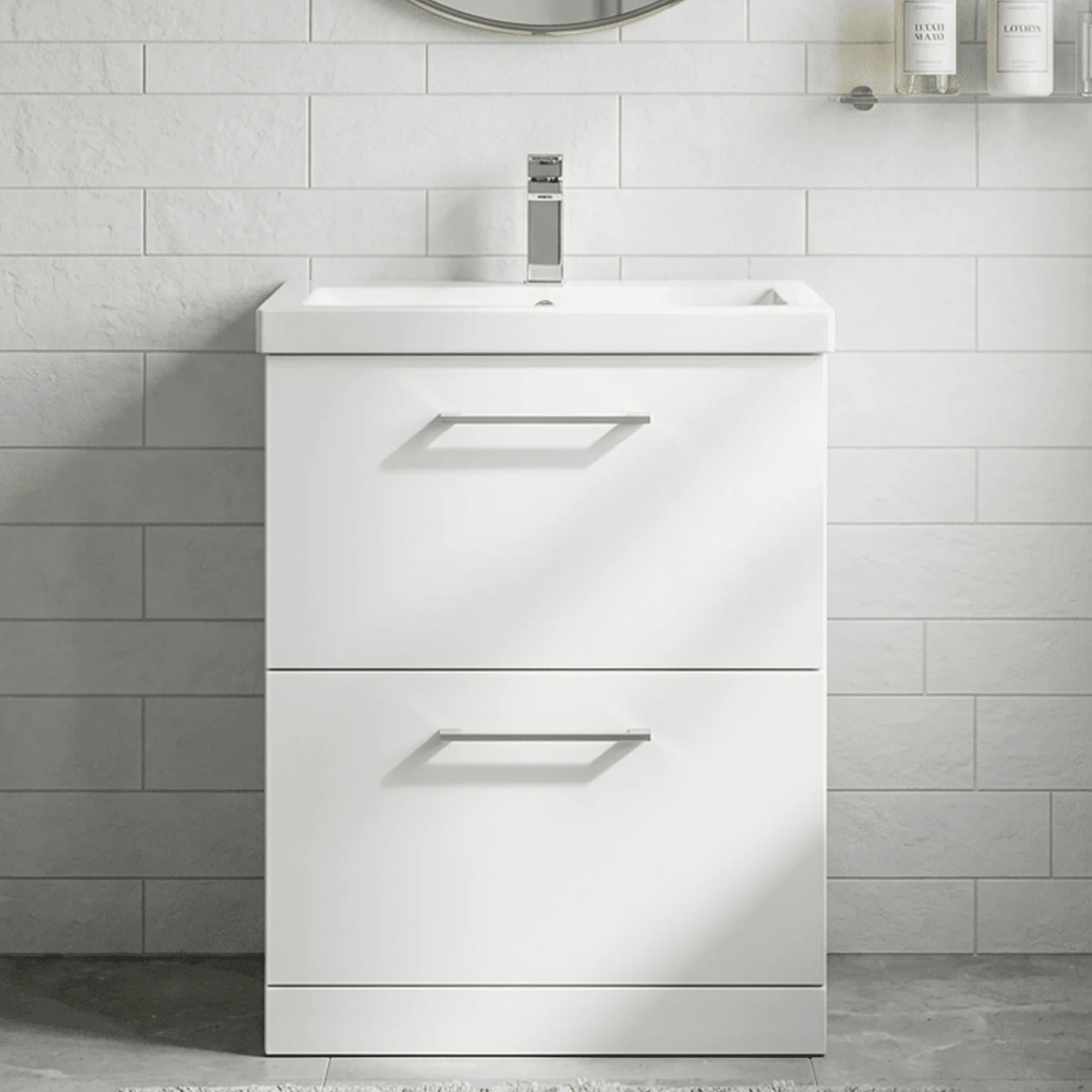 Balterley Modern Bathroom 2 Drawer Floor Standing Vanity Unit & Rectangular Mid-Edge Basin, Gloss White, 600 mm
