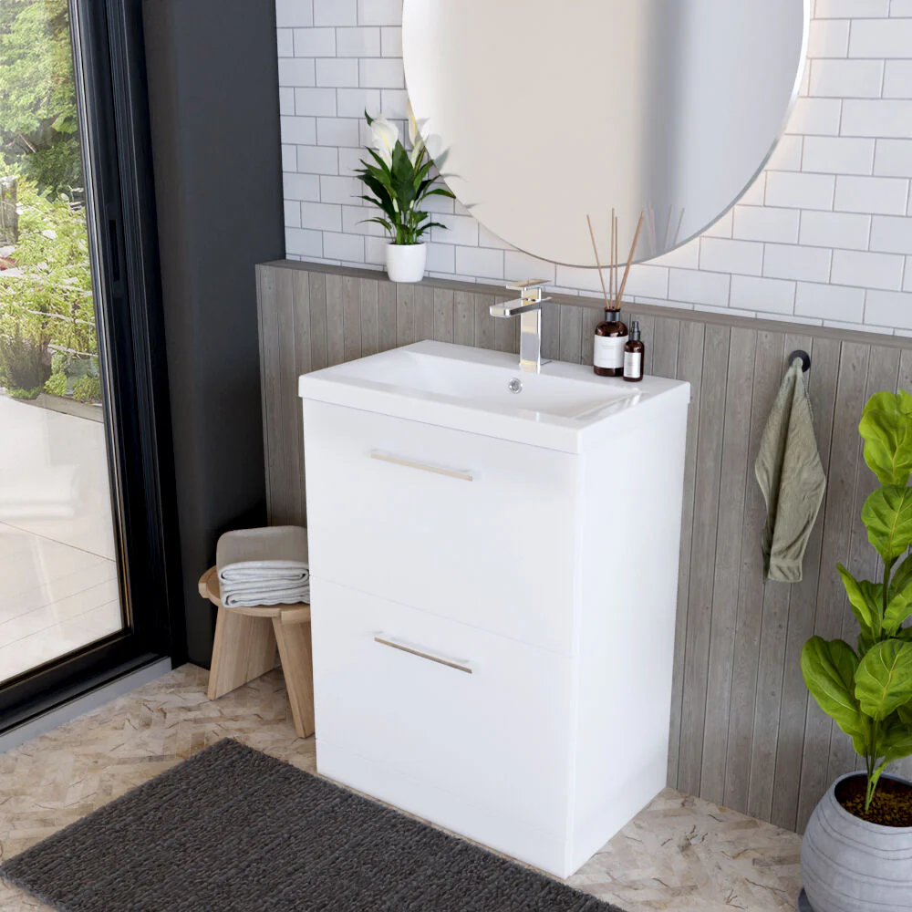 Balterley Modern Bathroom 2 Drawer Floor Standing Vanity Unit & Rectangular Mid-Edge Basin, Gloss White, 600 mm - Image 4
