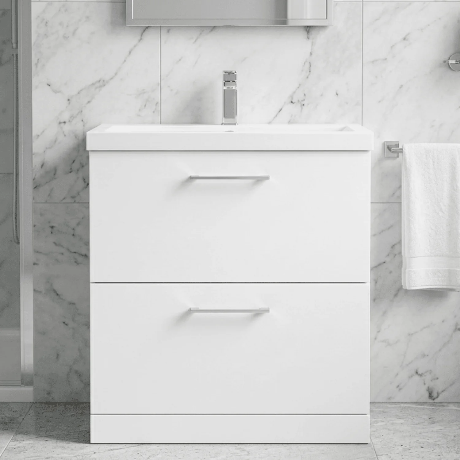 Balterley Modern Bathroom 2 Drawer Floor Standing Vanity Unit & Rectangular Mid-Edge Basin, Gloss White, 800 mm