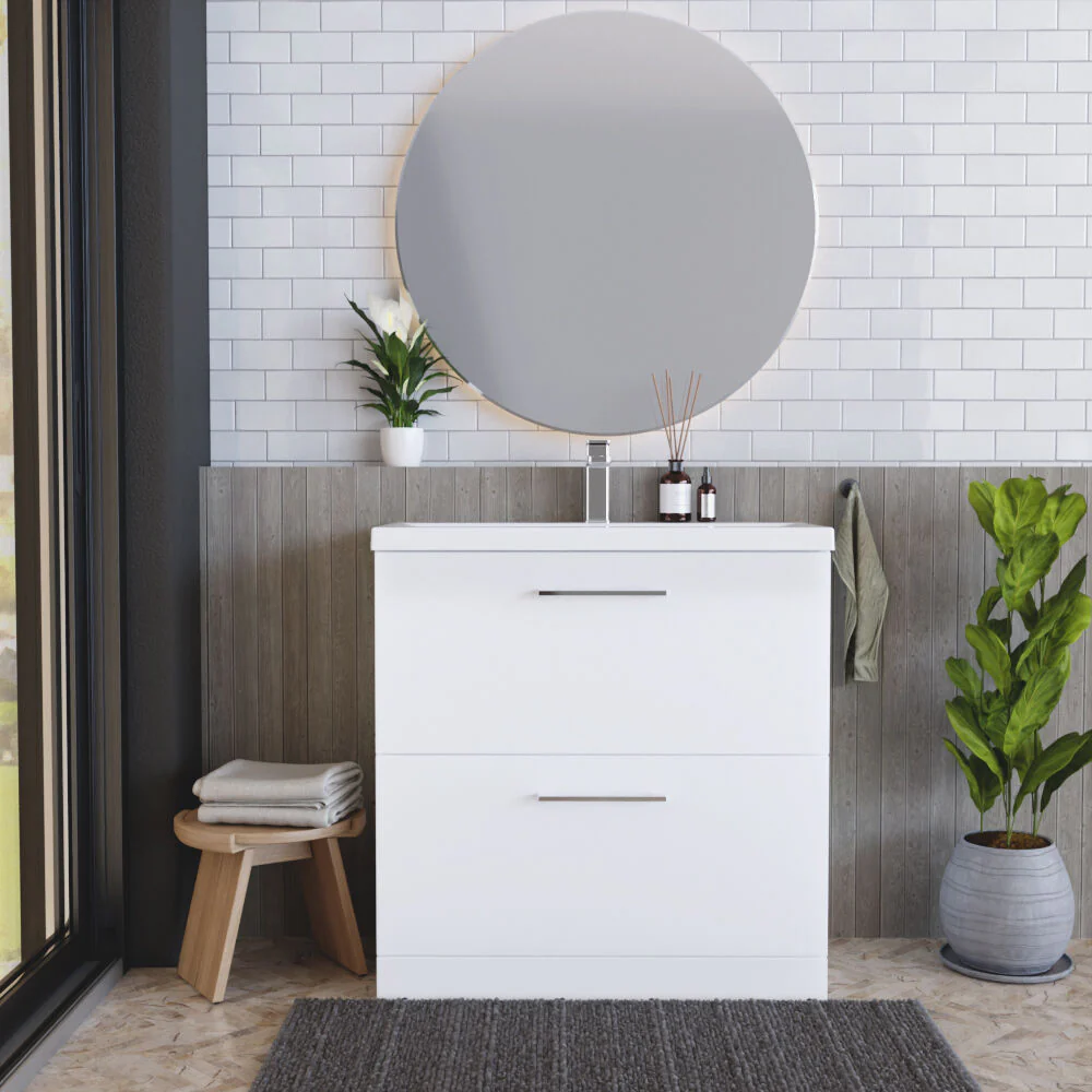 Balterley Modern Bathroom 2 Drawer Floor Standing Vanity Unit & Rectangular Mid-Edge Basin, Gloss White, 800 mm - Image 2