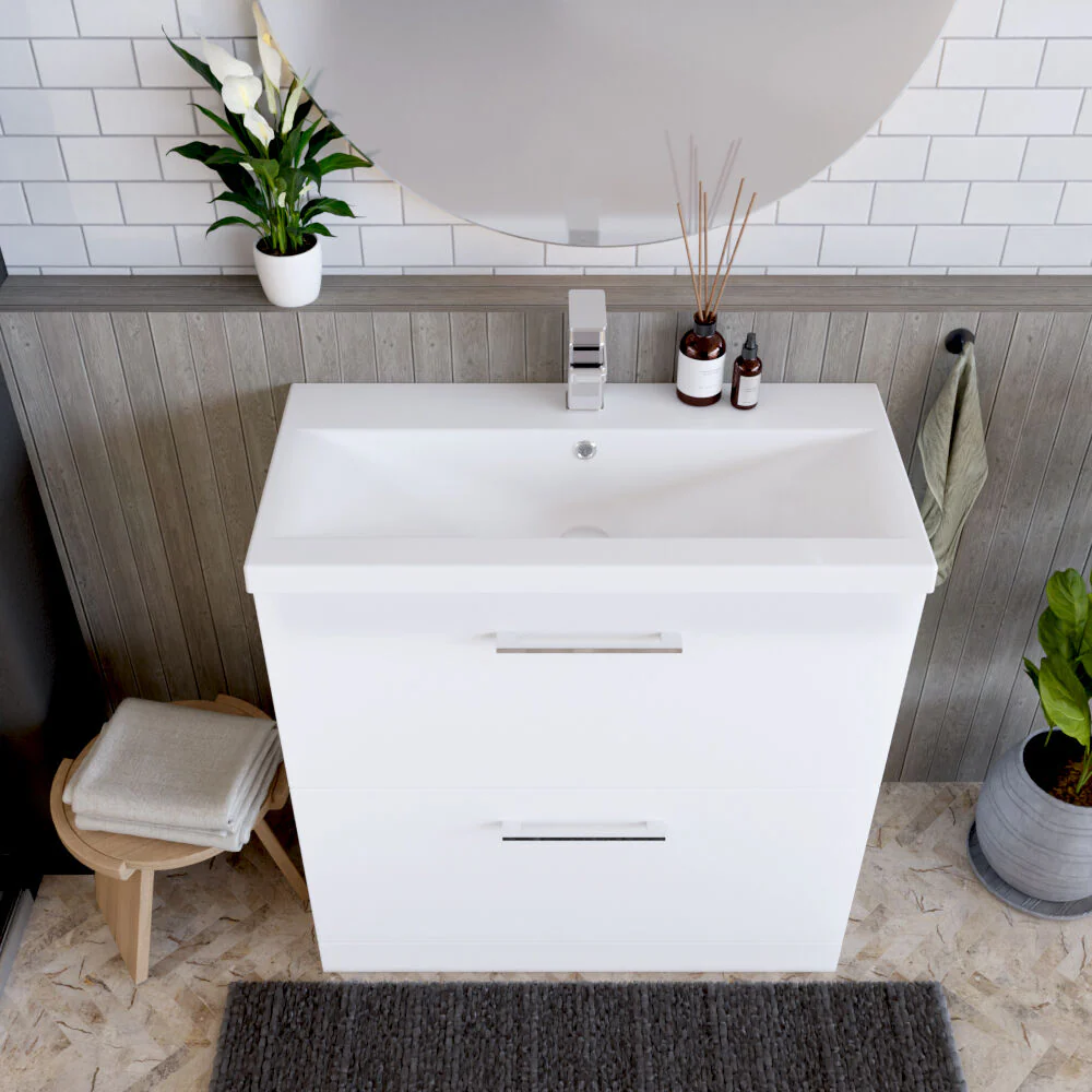 Balterley Modern Bathroom 2 Drawer Floor Standing Vanity Unit & Rectangular Mid-Edge Basin, Gloss White, 800 mm - Image 3