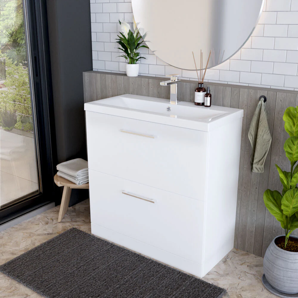 Balterley Modern Bathroom 2 Drawer Floor Standing Vanity Unit & Rectangular Mid-Edge Basin, Gloss White, 800 mm - Image 4