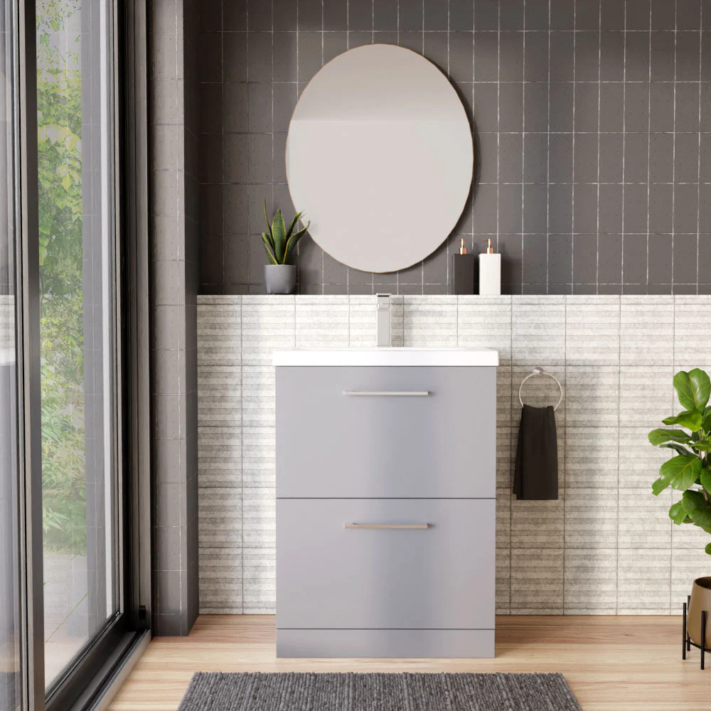 Balterley Modern Bathroom 2 Soft Close Drawer Floor Standing Vanity Unit & Rectangular Mid-Edge Basin, Satin Grey, 600 mm - Image 2