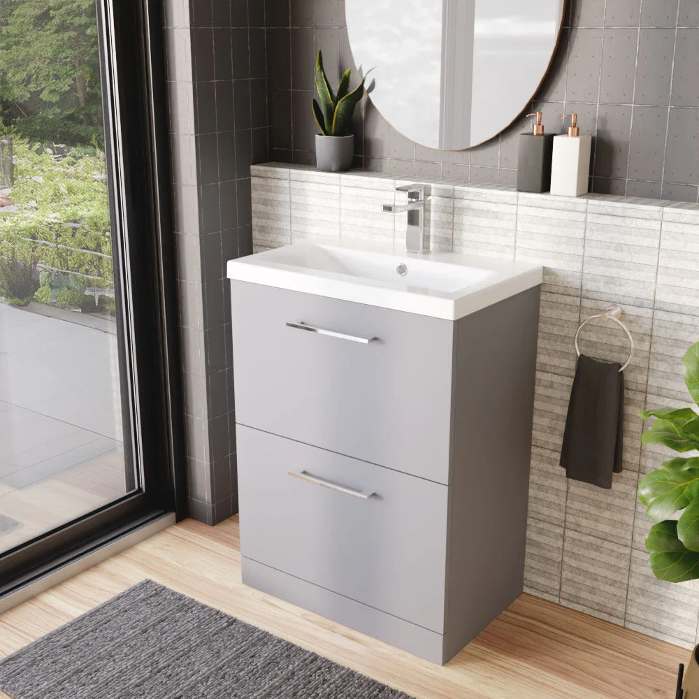 Balterley Modern Bathroom 2 Soft Close Drawer Floor Standing Vanity Unit & Rectangular Mid-Edge Basin, Satin Grey, 600 mm - Image 4