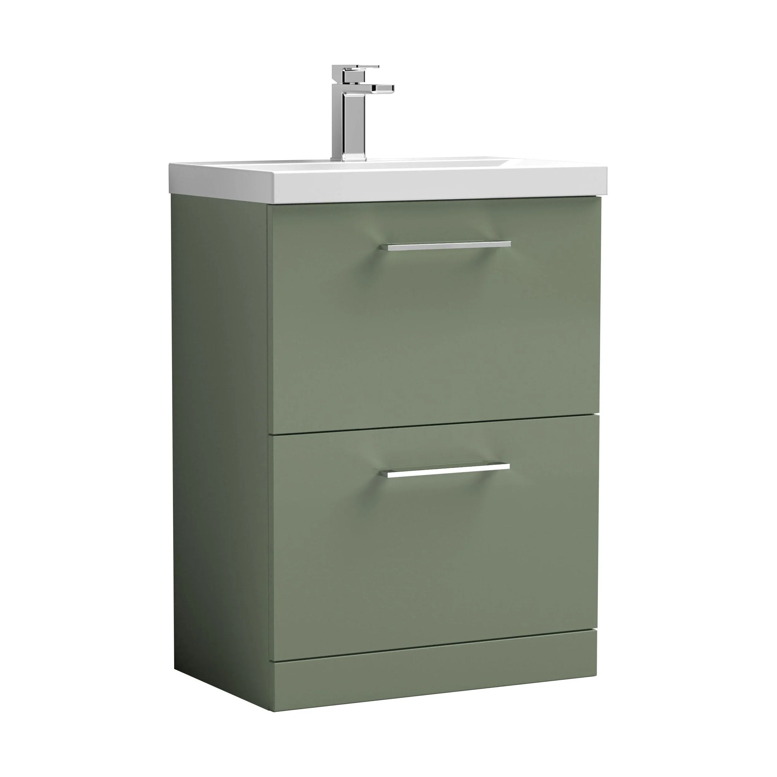 Balterley Modern Bathroom 2 Soft-Close Drawer Floor Standing Vanity Unit with Mid-Edge Basin, Satin Green, 600 mm