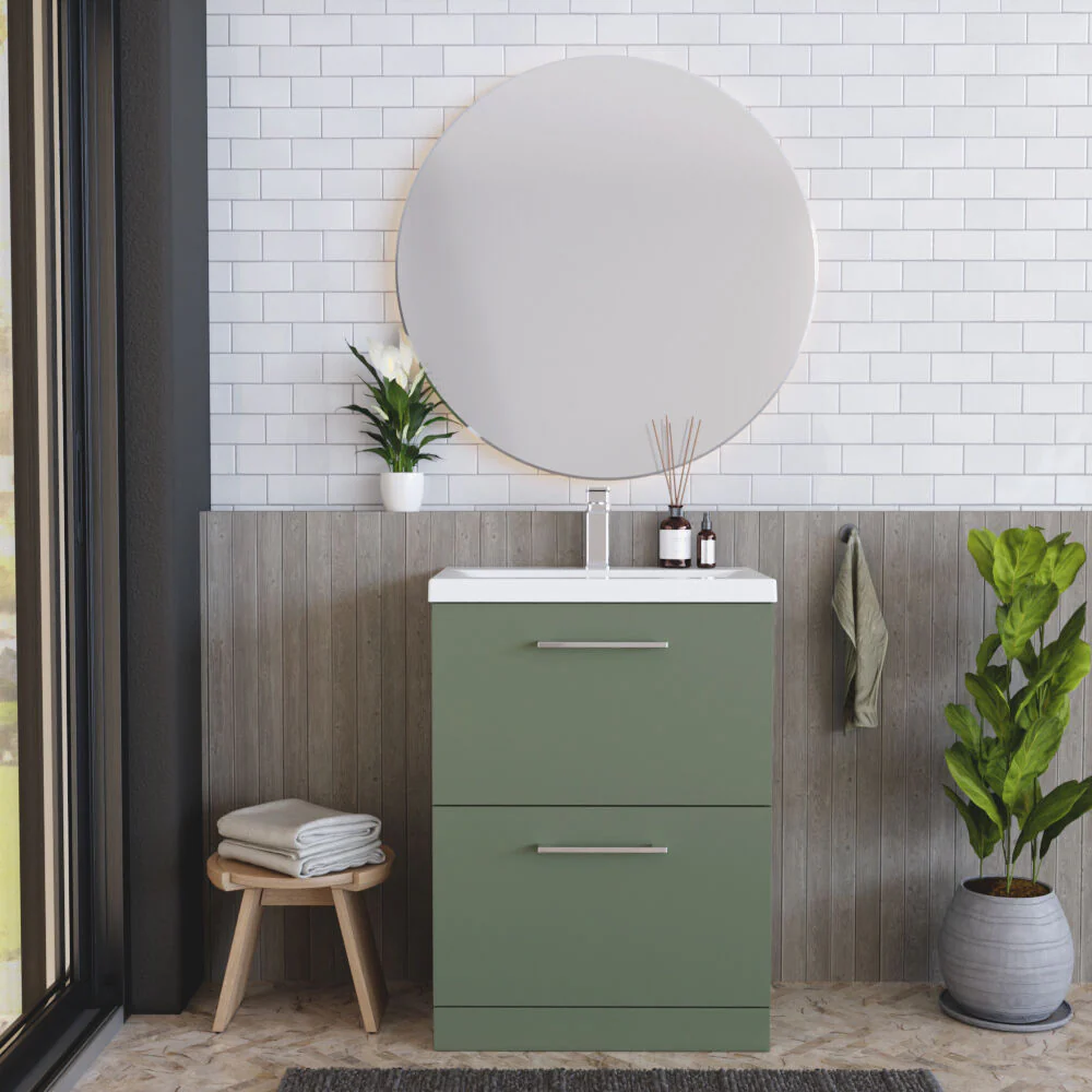 Balterley Modern Bathroom 2 Soft-Close Drawer Floor Standing Vanity Unit with Mid-Edge Basin, Satin Green, 600 mm - Image 2