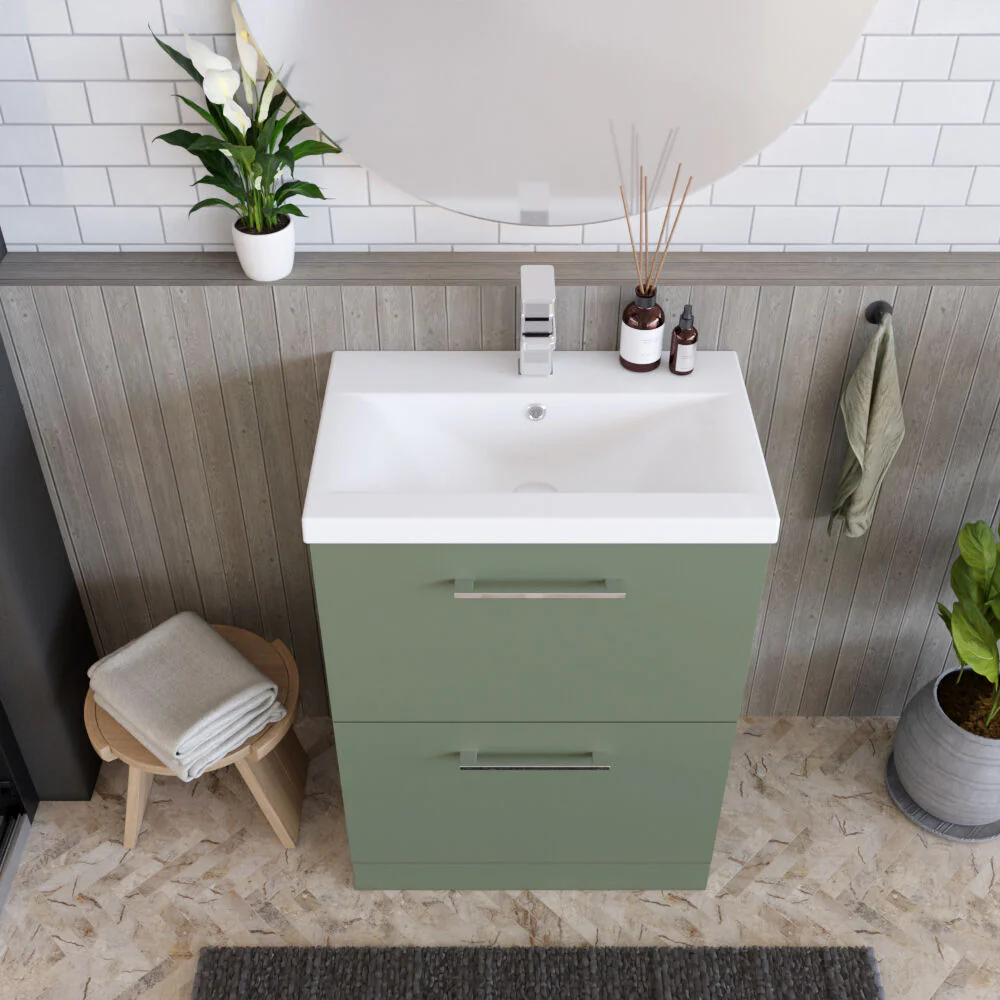 Balterley Modern Bathroom 2 Soft-Close Drawer Floor Standing Vanity Unit with Mid-Edge Basin, Satin Green, 600 mm - Image 3