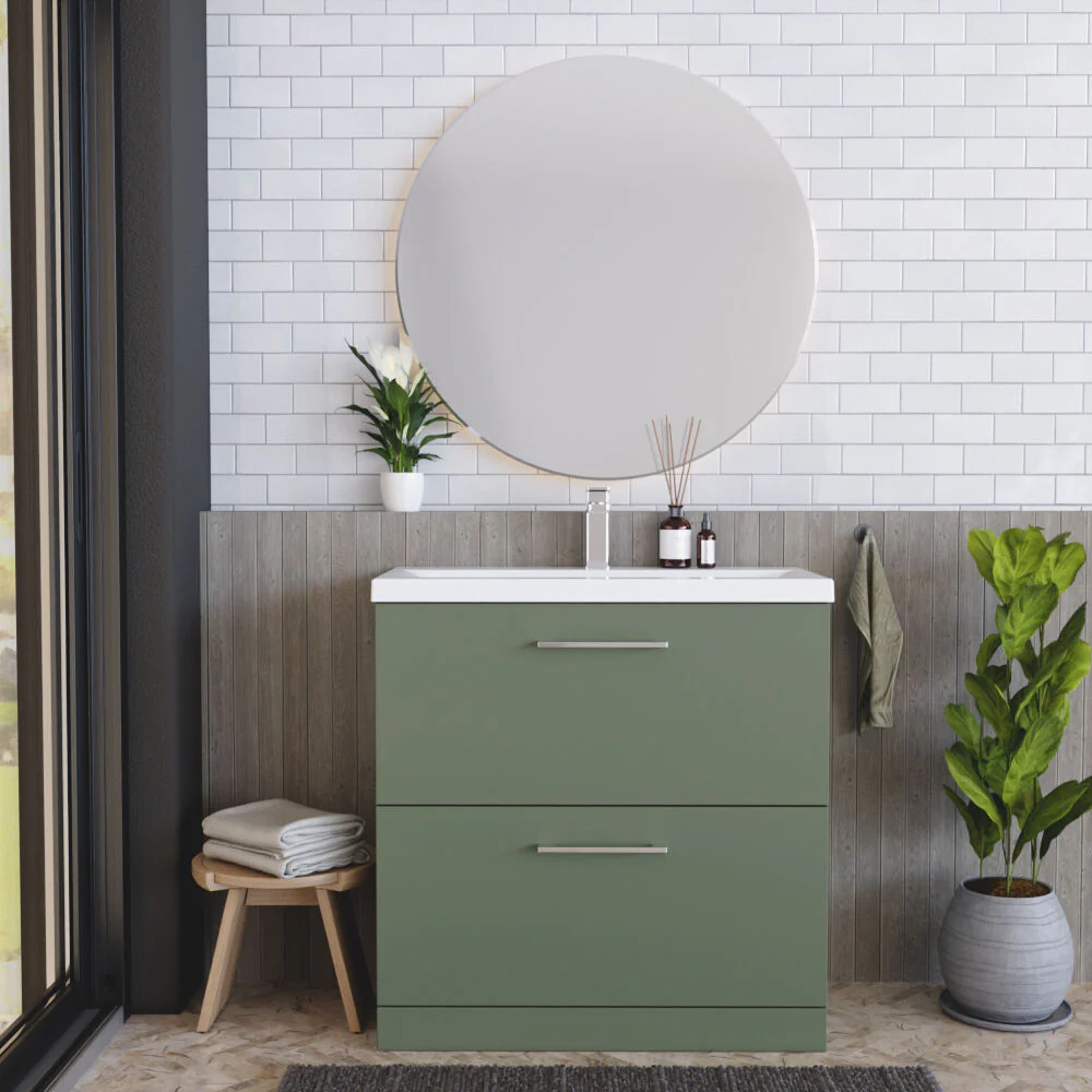 Balterley Modern Bathroom 2 Soft-Close Drawer Floor Standing Vanity Unit with Mid-Edge Basin, Satin Green, 800 mm - Image 2