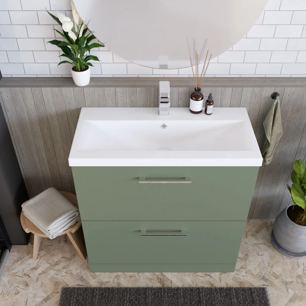 Balterley Modern Bathroom 2 Soft-Close Drawer Floor Standing Vanity Unit with Mid-Edge Basin, Satin Green, 800 mm - Image 3
