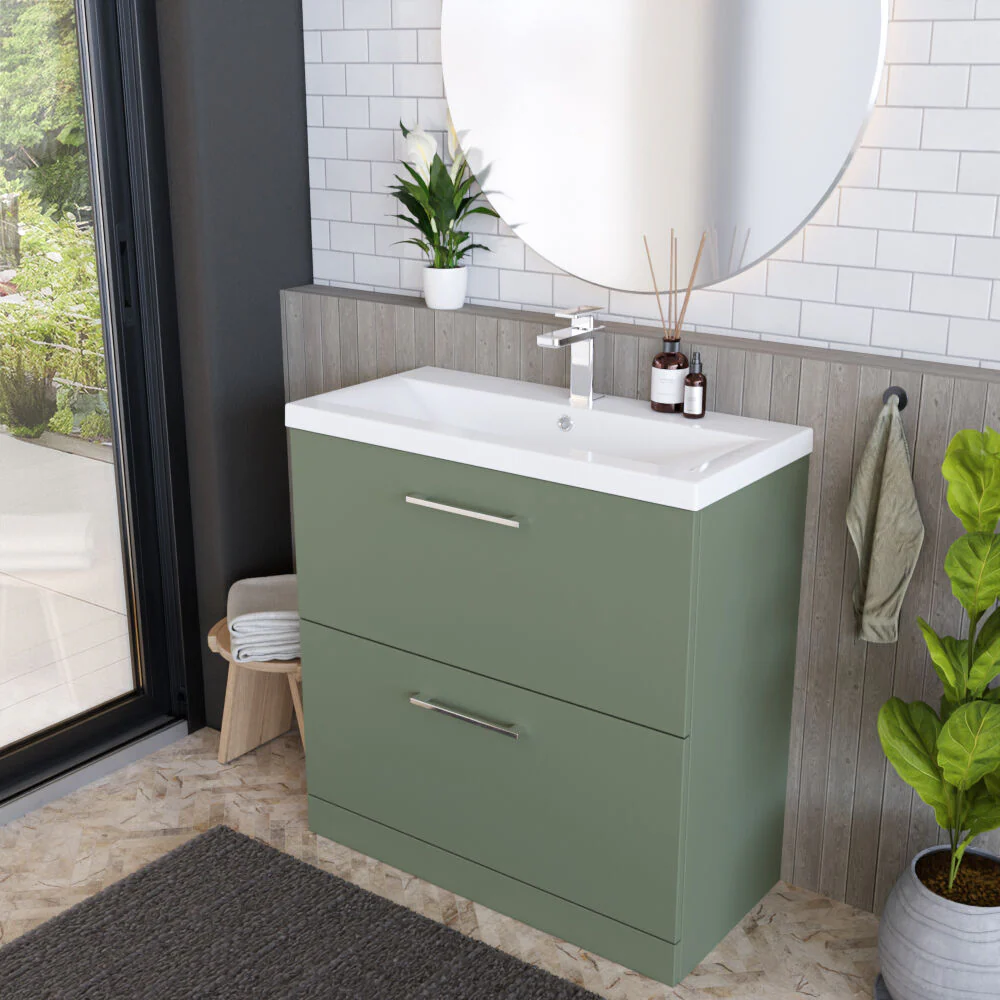 Balterley Modern Bathroom 2 Soft-Close Drawer Floor Standing Vanity Unit with Mid-Edge Basin, Satin Green, 800 mm - Image 4