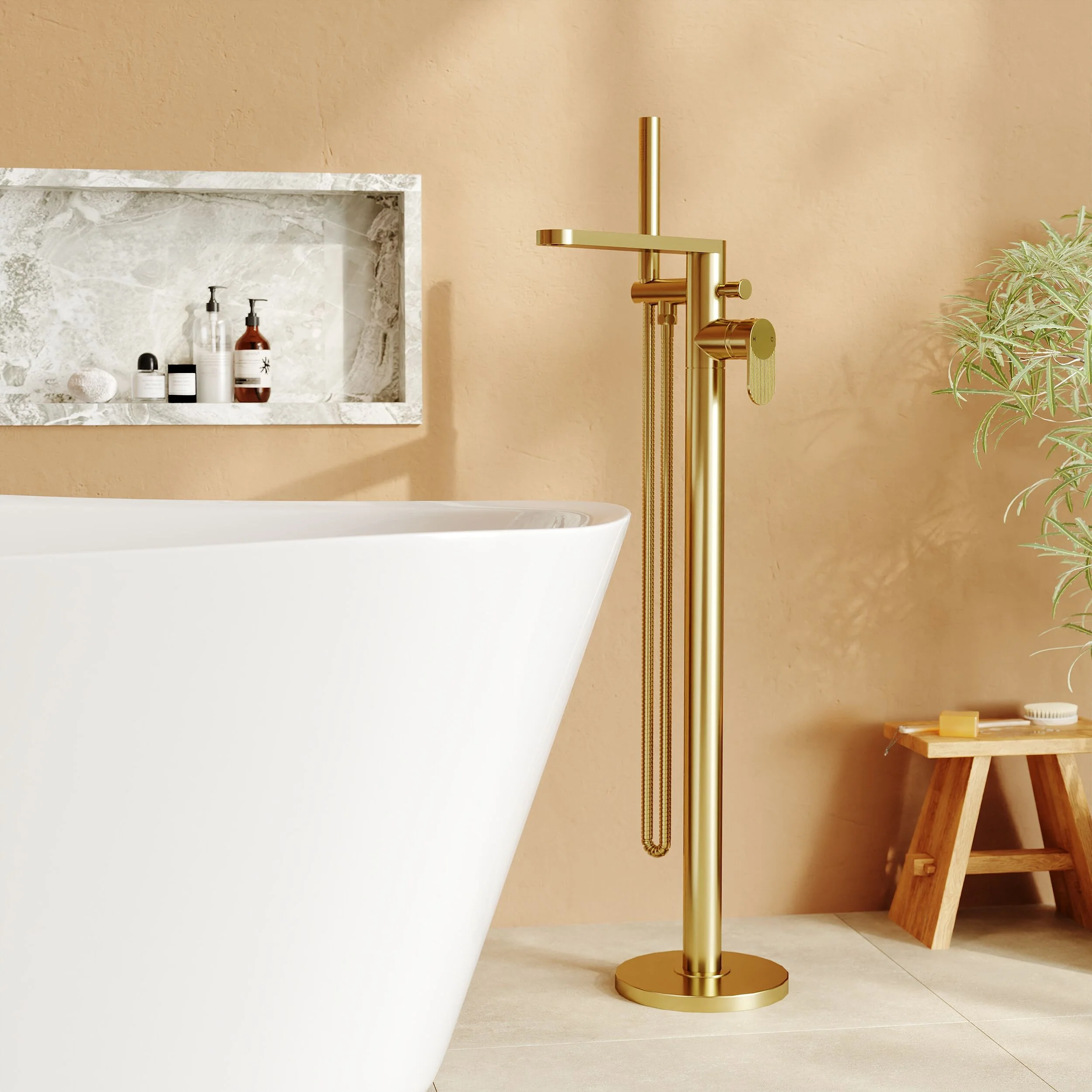 Balterley Modern Freestanding Round Bath Shower Mixer Tap with Fluted Lever Handle and Shower Kit - Brushed Brass Finish - Image 2