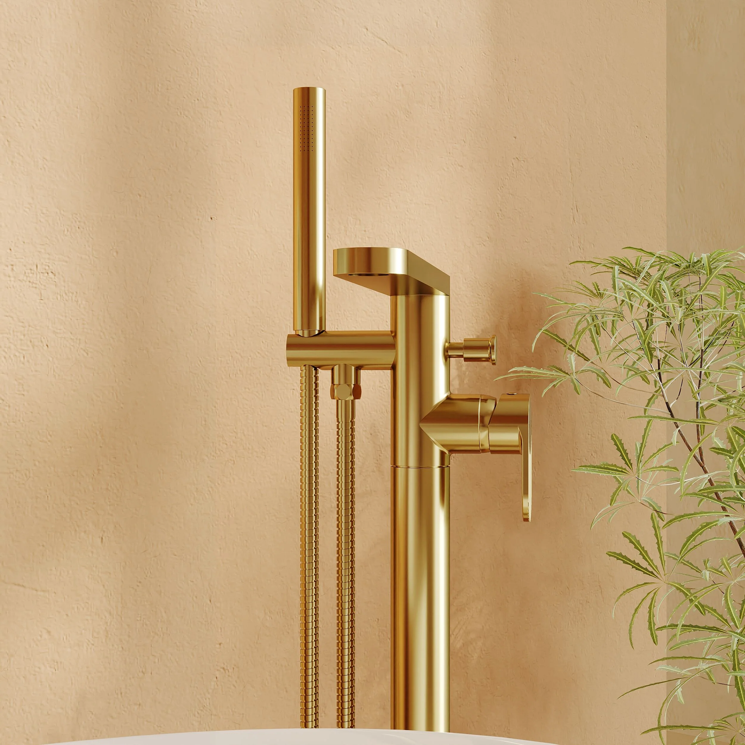 Balterley Modern Freestanding Round Bath Shower Mixer Tap with Fluted Lever Handle and Shower Kit - Brushed Brass Finish - Image 3