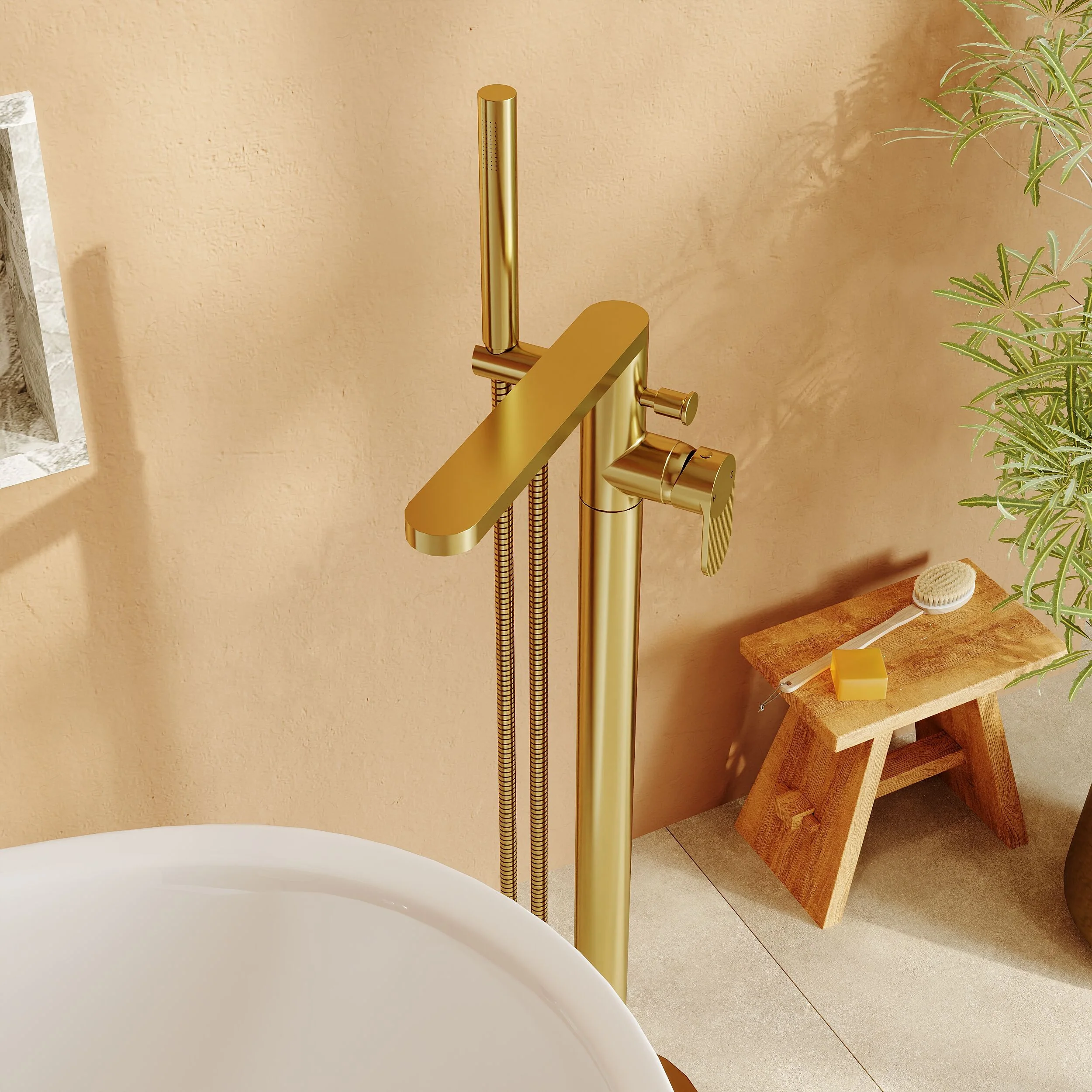 Balterley Modern Freestanding Round Bath Shower Mixer Tap with Fluted Lever Handle and Shower Kit - Brushed Brass Finish - Image 4