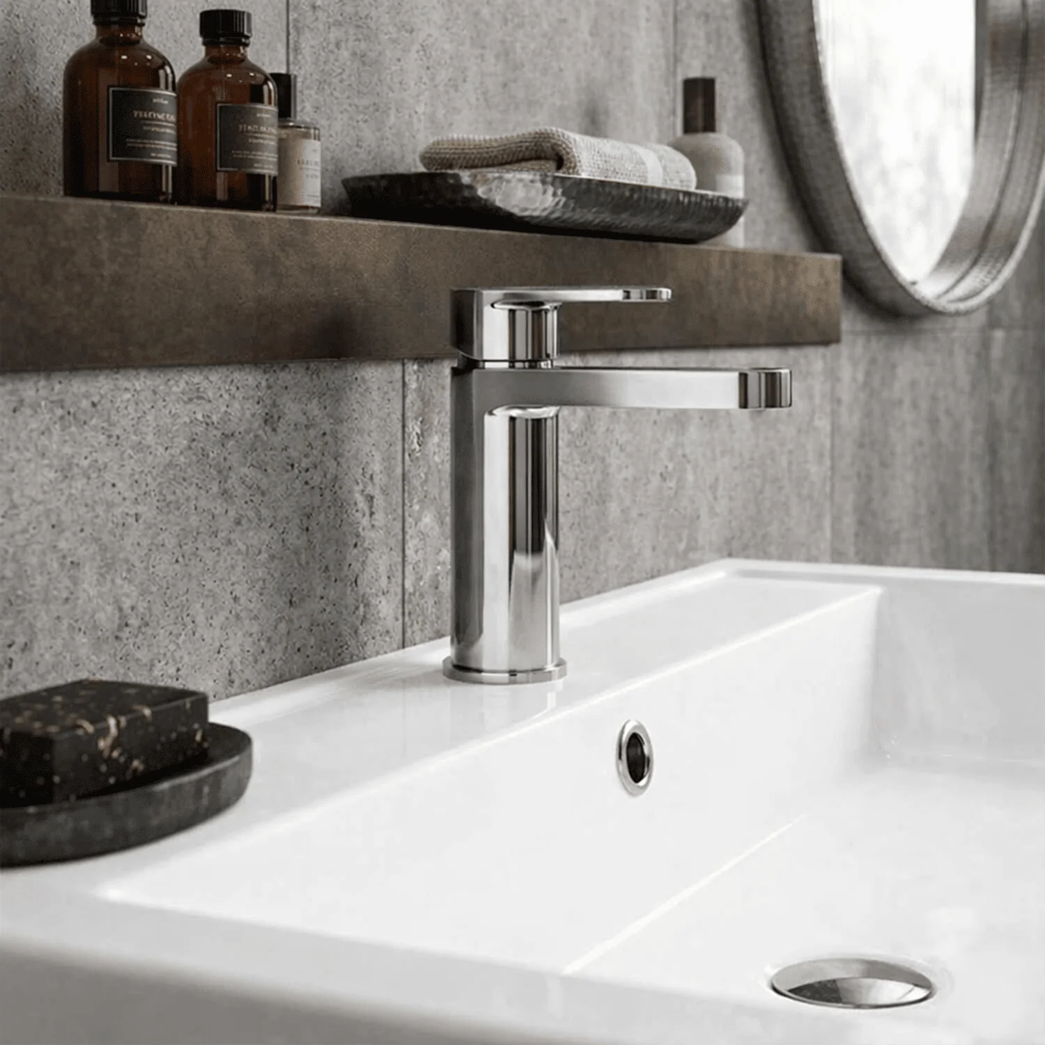 Consall Round Mono Basin Mixer Tap with Push Button Waste - Choice of Finish - Image 2